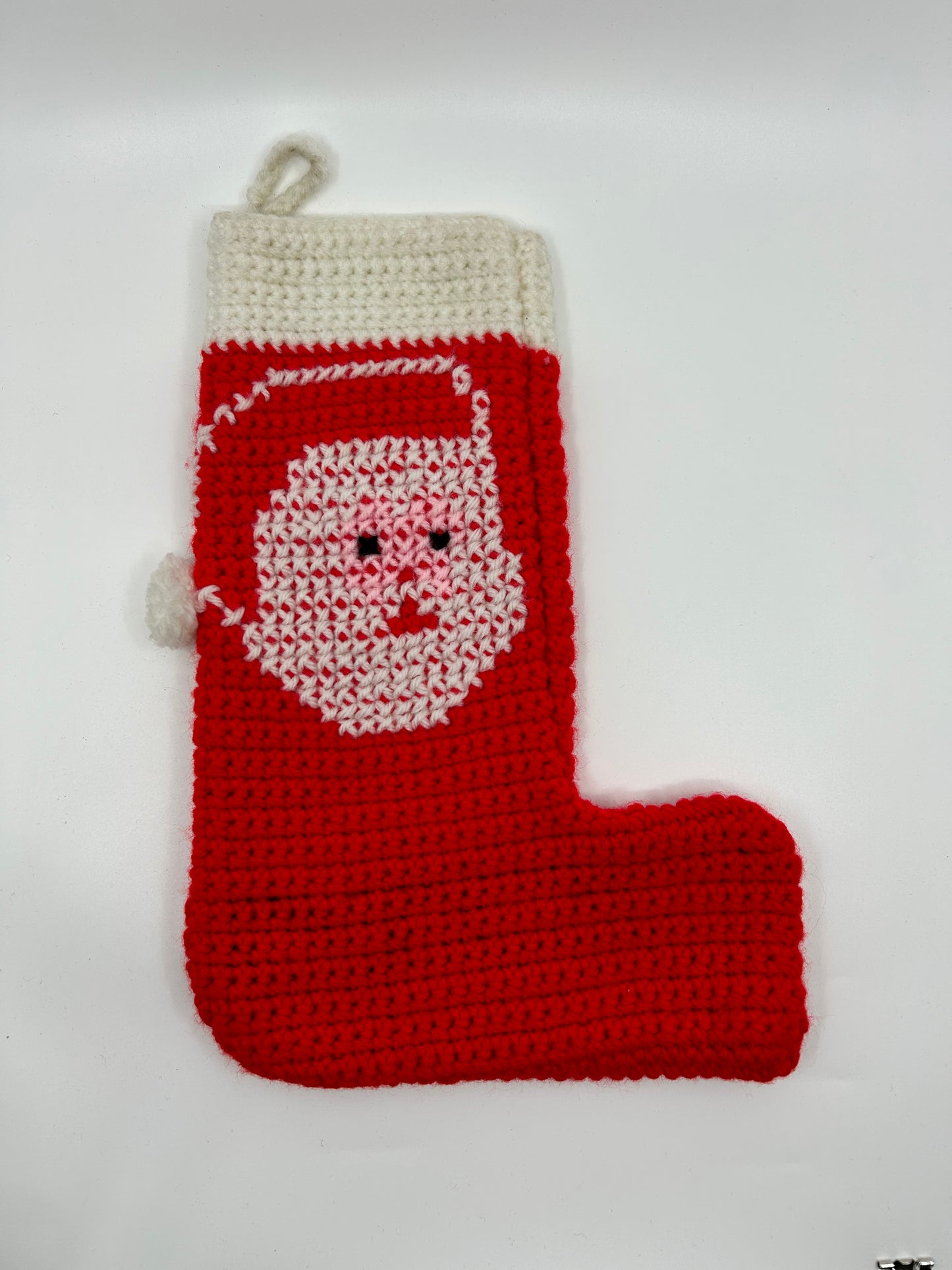 Vintage Hand Knitted Santa Face Red Christmas Stockings - Set of 2 One-of-a-kind