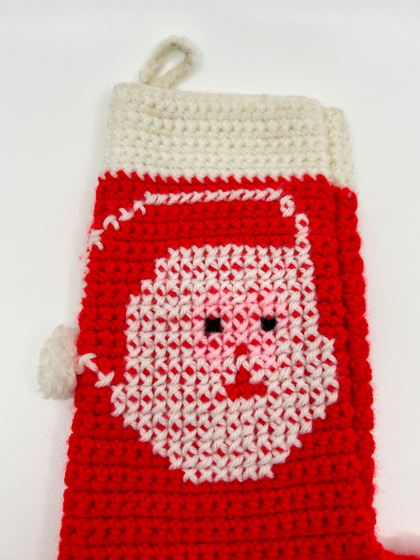 Vintage Hand Knitted Santa Face Red Christmas Stockings - Set of 2 One-of-a-kind