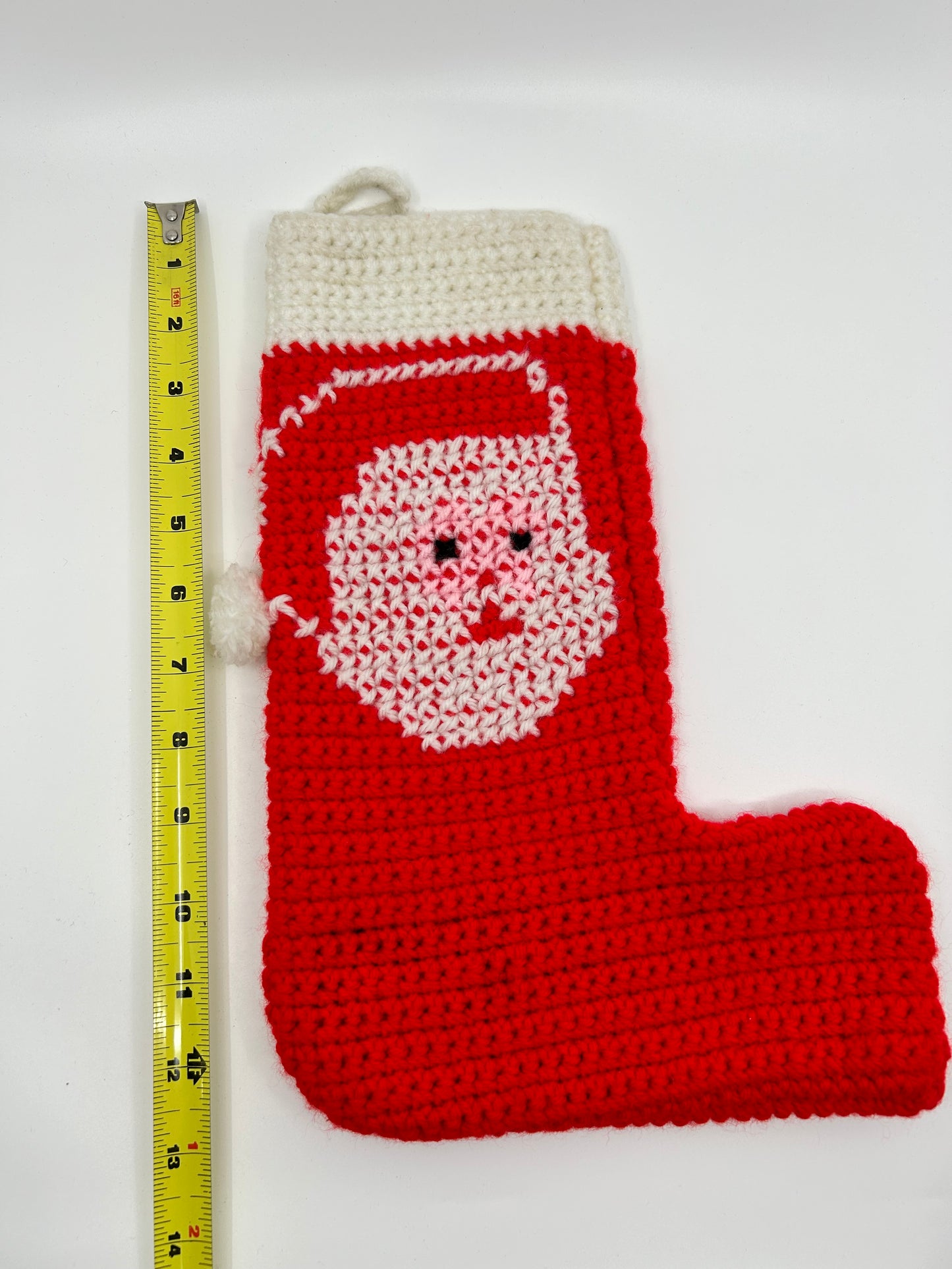 Vintage Hand Knitted Santa Face Red Christmas Stockings - Set of 2 One-of-a-kind