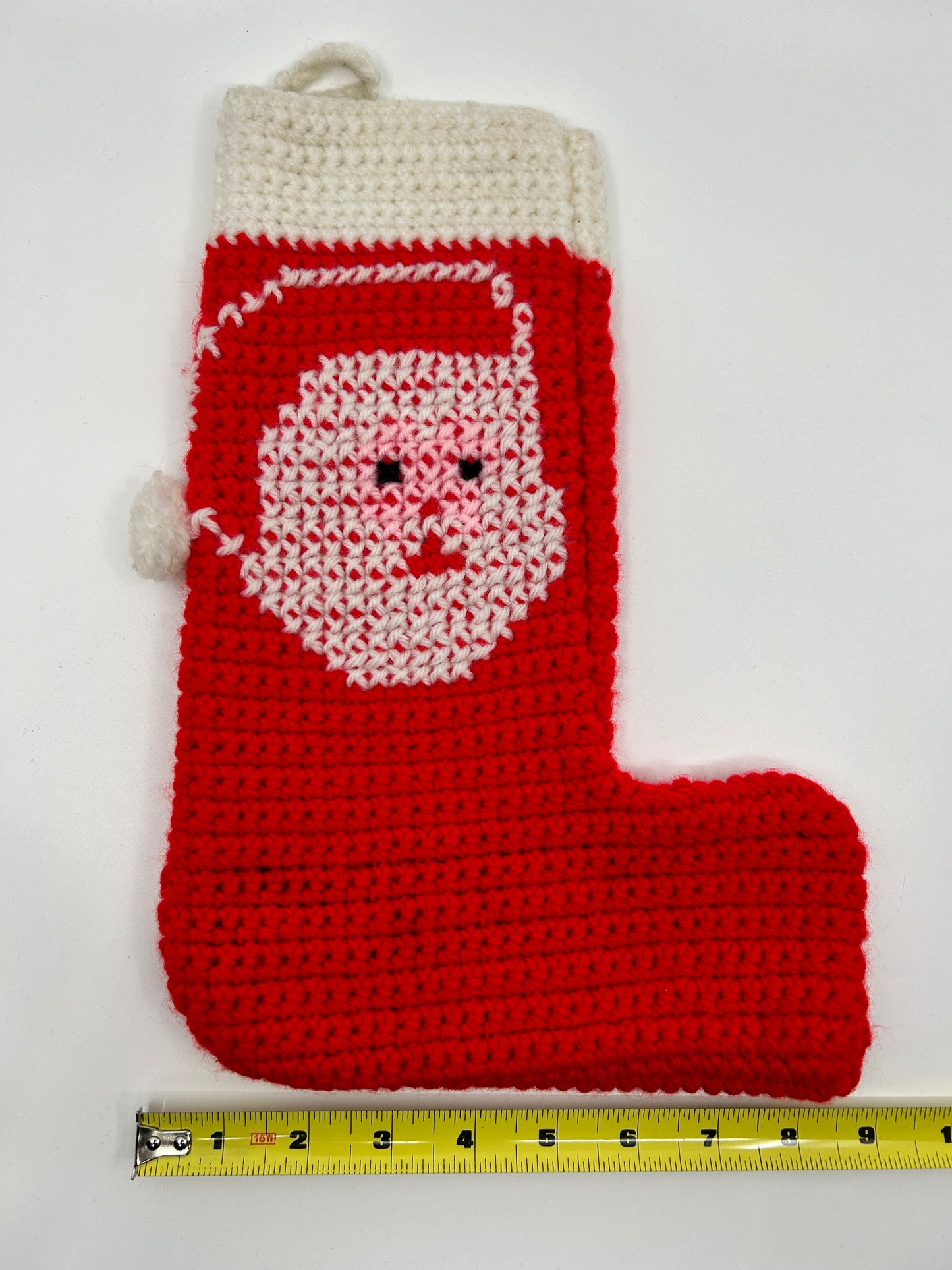 Vintage Hand Knitted Santa Face Red Christmas Stockings - Set of 2 One-of-a-kind