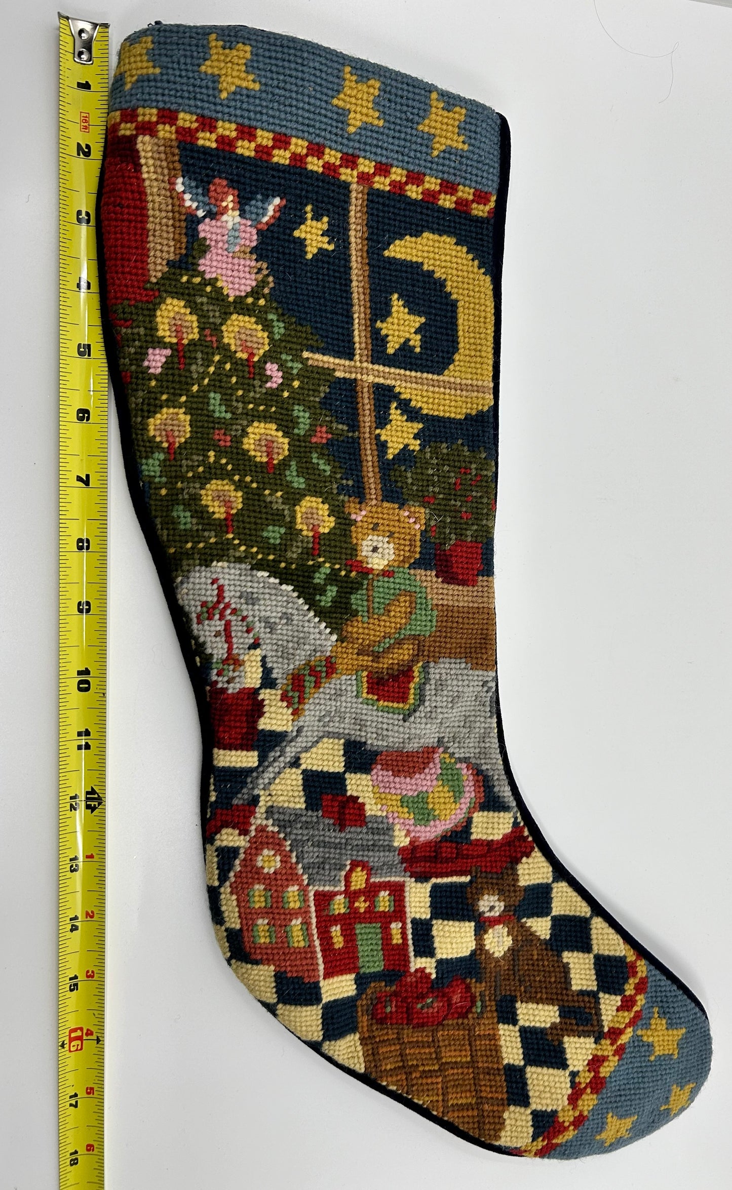 Vintage Cross Stitched Christmas Tree and Presents Stocking