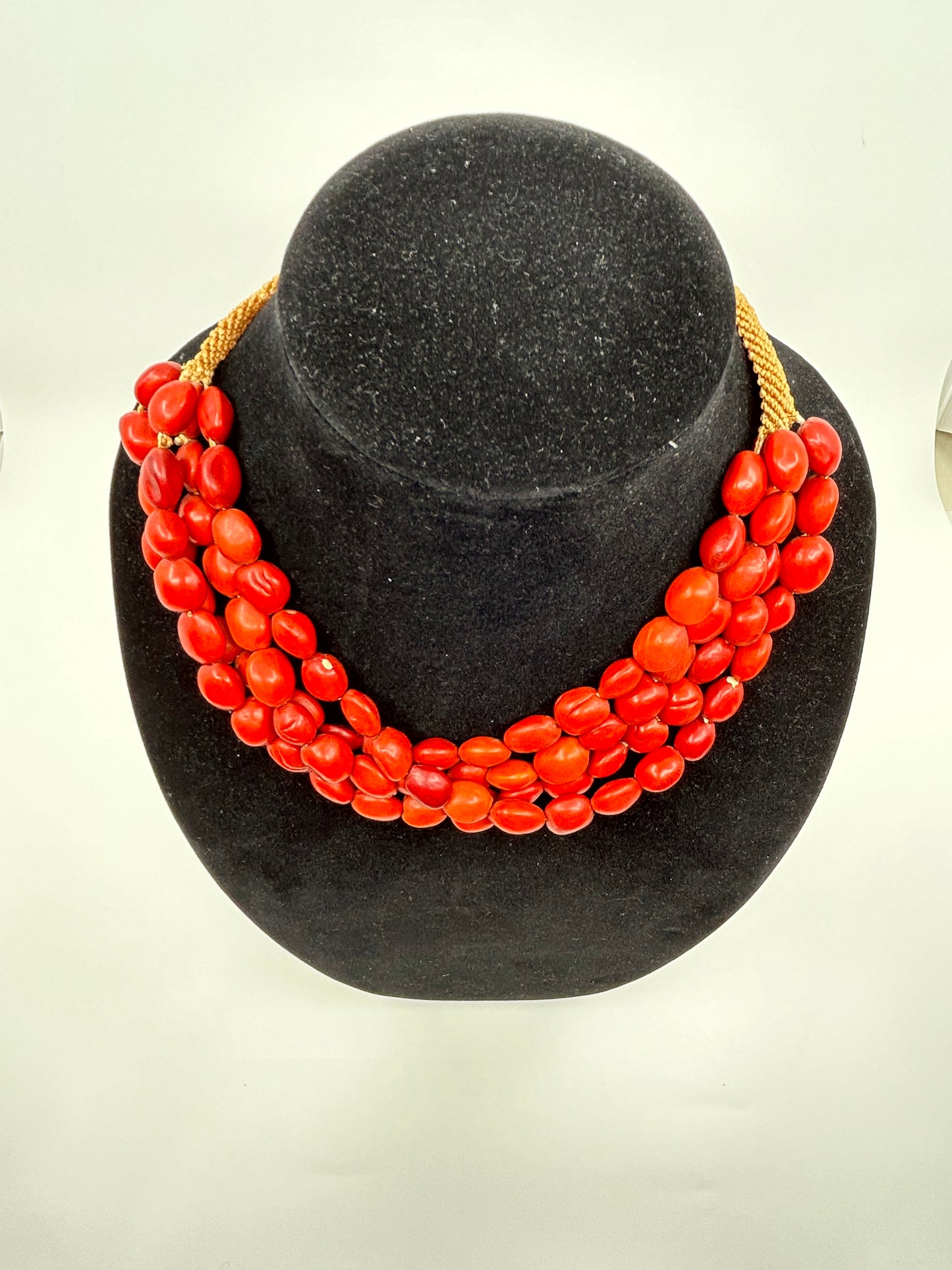 Vintage BOHO Red Beaded Hand Woven Button Closure Necklace