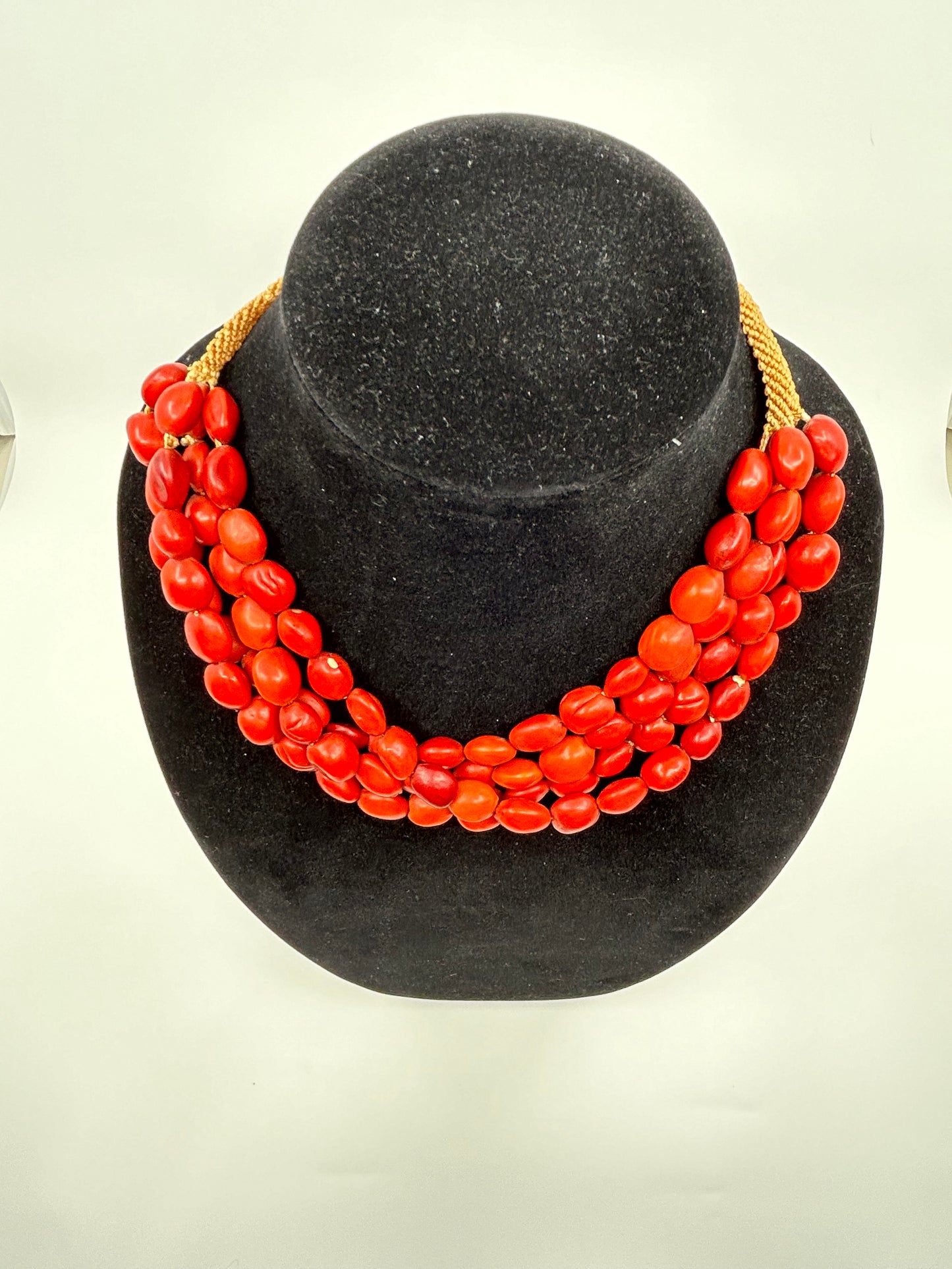 Vintage BOHO Red Beaded Hand Woven Button Closure Necklace