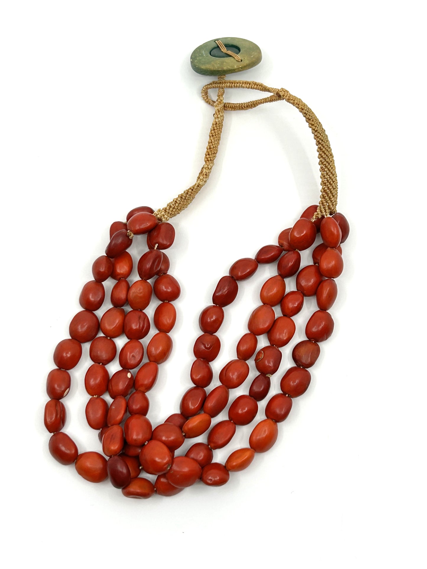 Vintage BOHO Red Beaded Hand Woven Button Closure Necklace