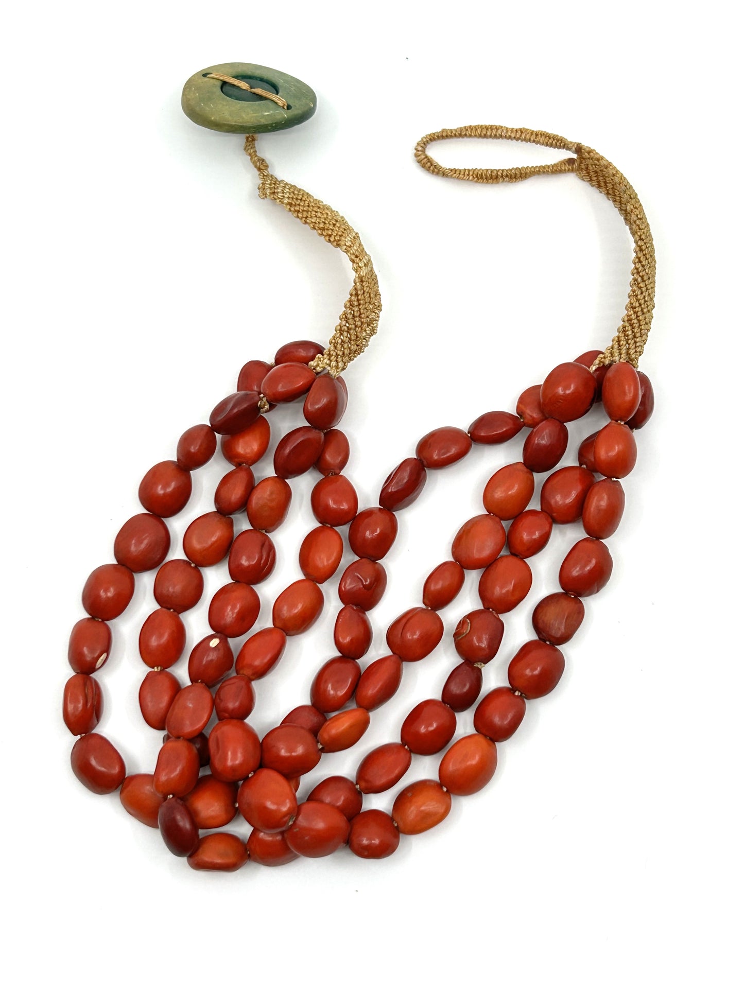 Vintage BOHO Red Beaded Hand Woven Button Closure Necklace