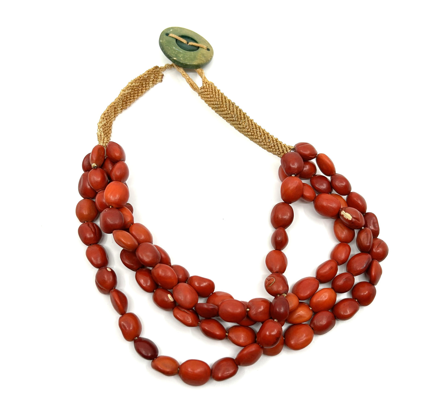 Vintage BOHO Red Beaded Hand Woven Button Closure Necklace