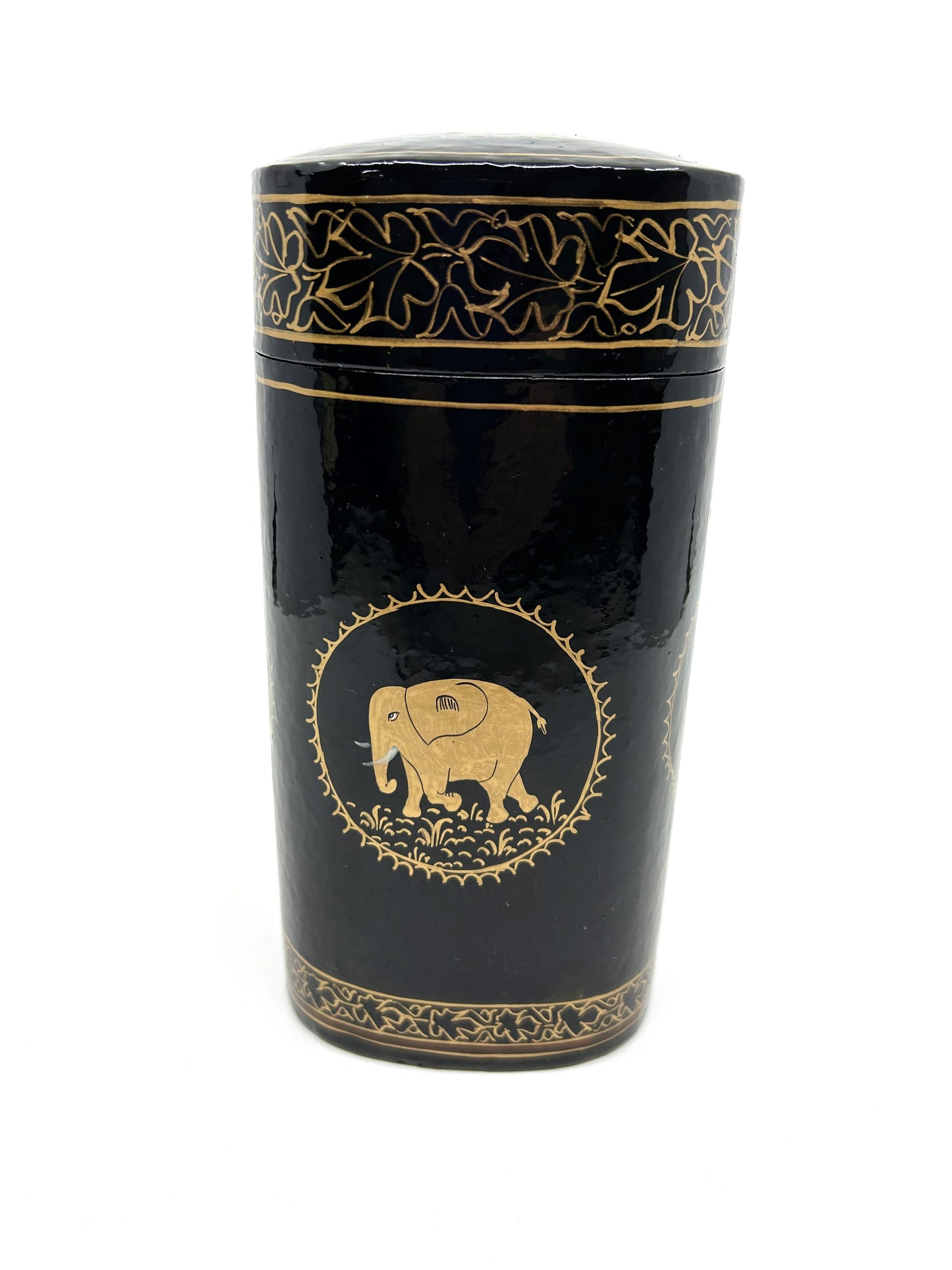 Black and Gold Papier-Mâché Lacquer Tall Décor Box w/Elephant Motif