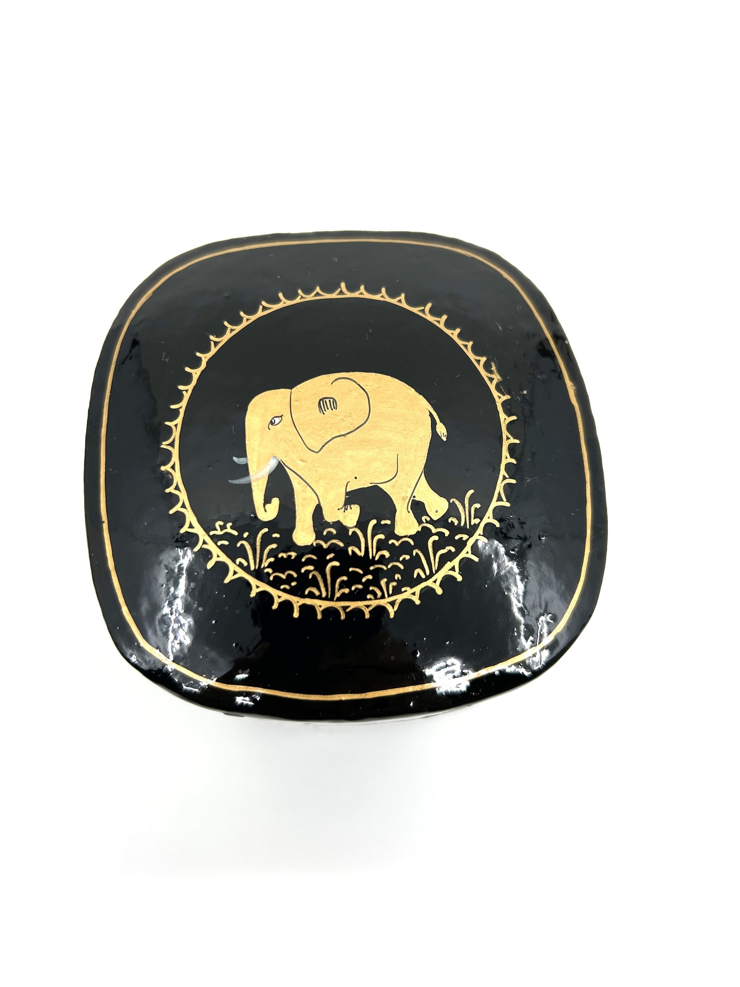 Black and Gold Papier-Mâché Lacquer Tall Décor Box w/Elephant Motif