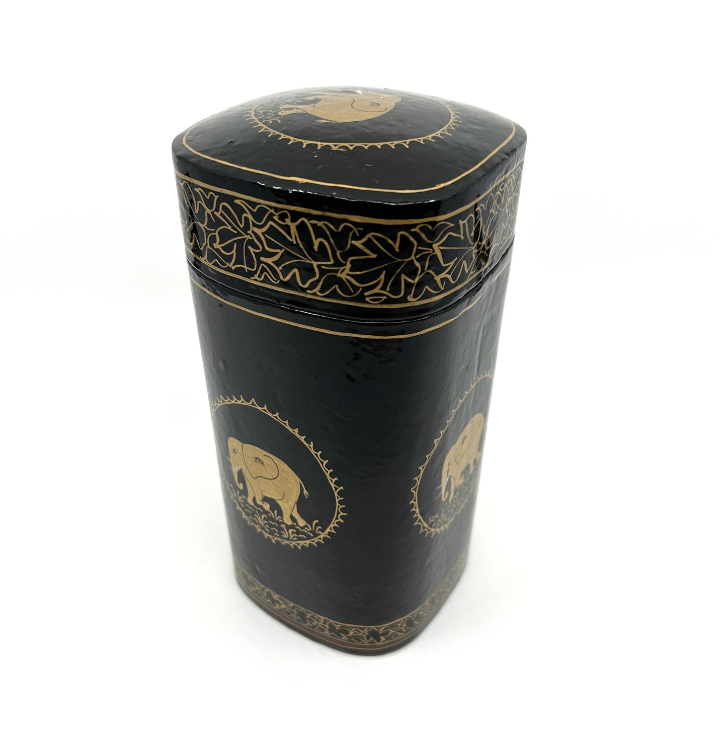 Black and Gold Papier-Mâché Lacquer Tall Décor Box w/Elephant Motif