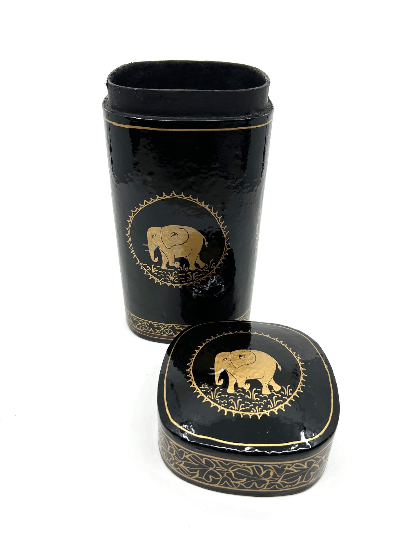 Black and Gold Papier-Mâché Lacquer Tall Décor Box w/Elephant Motif
