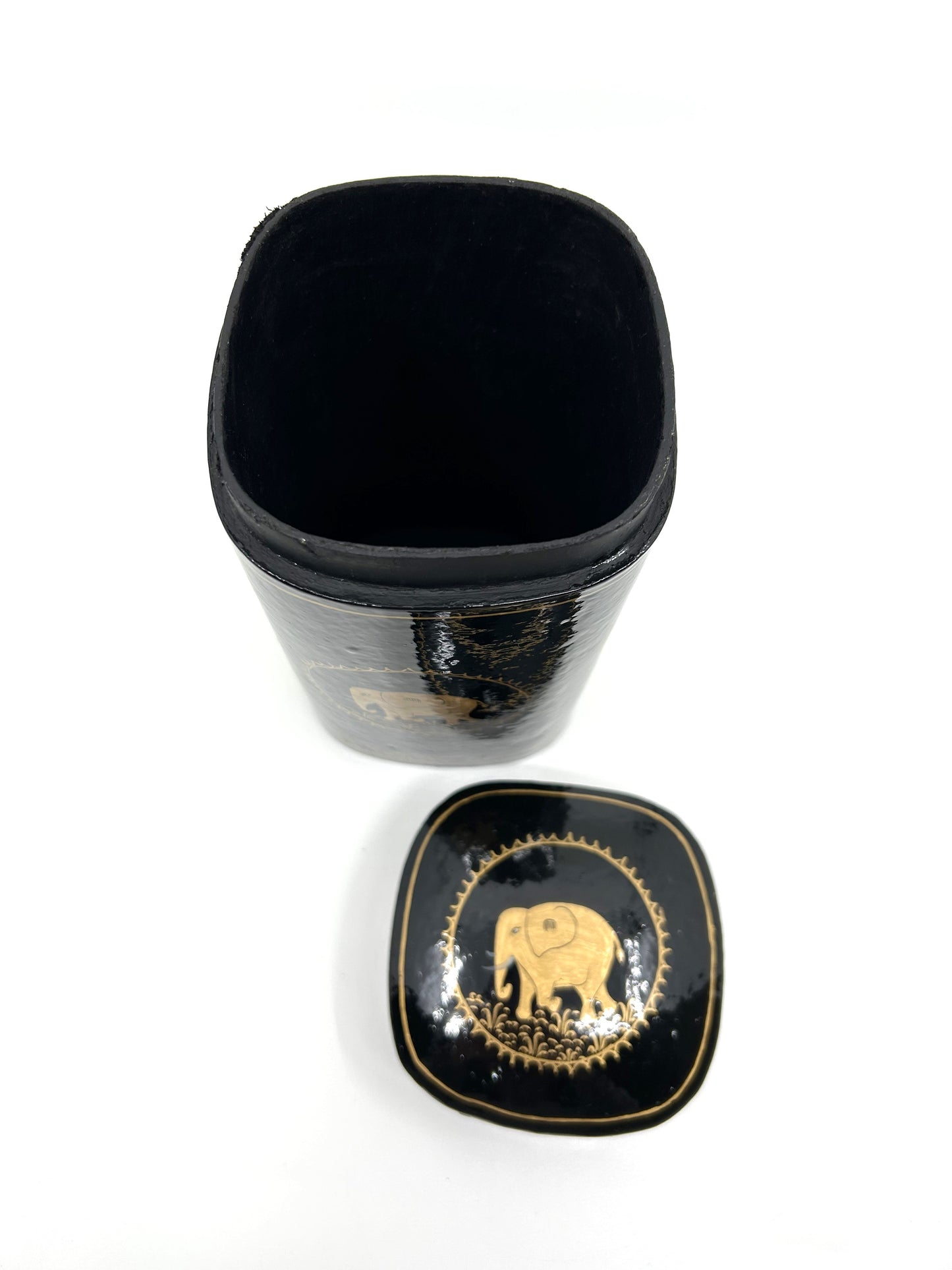 Black and Gold Papier-Mâché Lacquer Tall Décor Box w/Elephant Motif