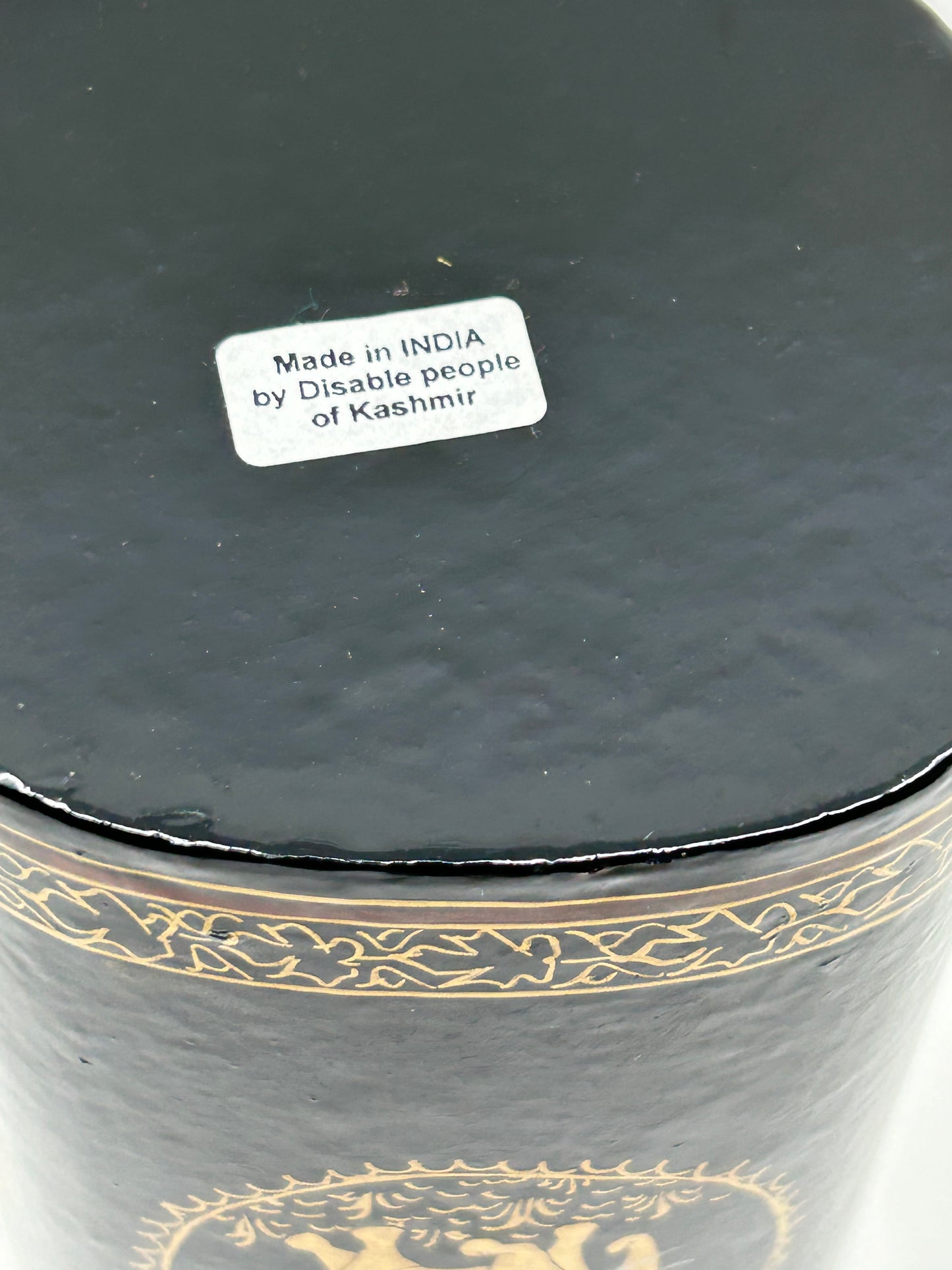 Black and Gold Papier-Mâché Lacquer Tall Décor Box w/Elephant Motif