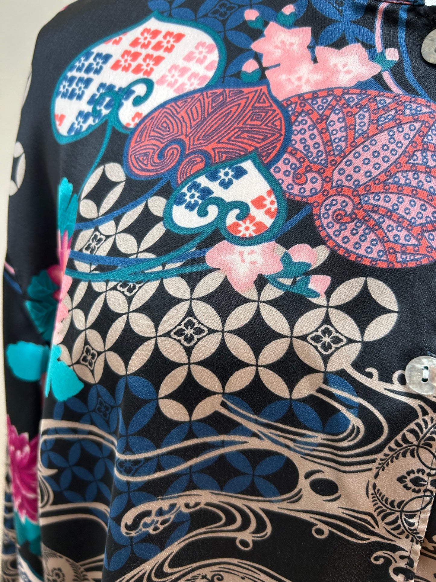 NATORI Asian Florals on Black Mandarin Collar Silky Satin Pajama Set