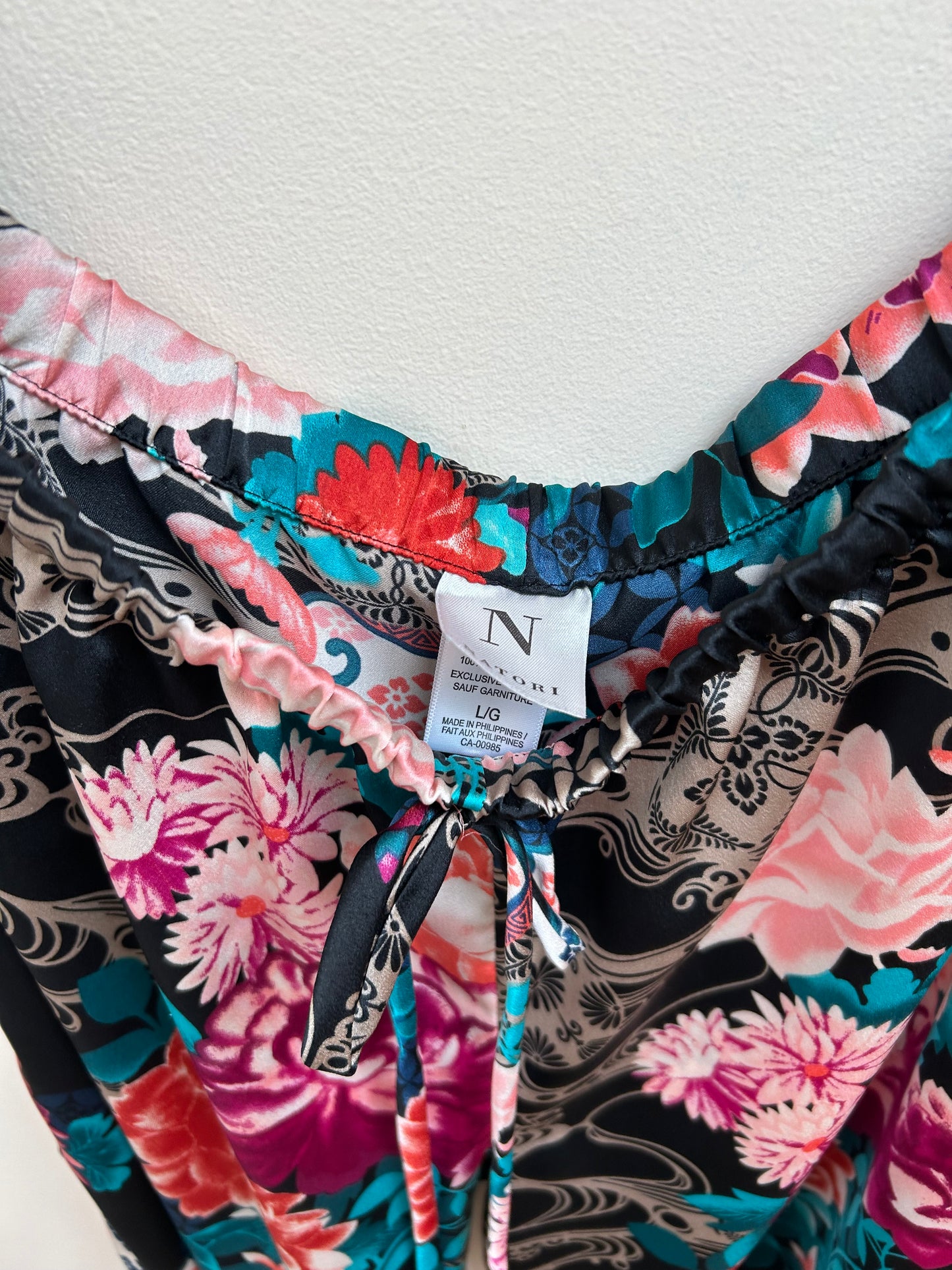 NATORI Asian Florals on Black Mandarin Collar Silky Satin Pajama Set