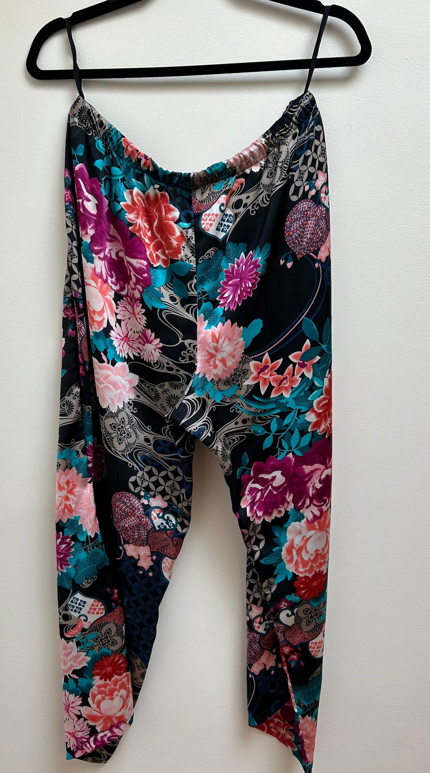 NATORI Asian Florals on Black Mandarin Collar Silky Satin Pajama Set