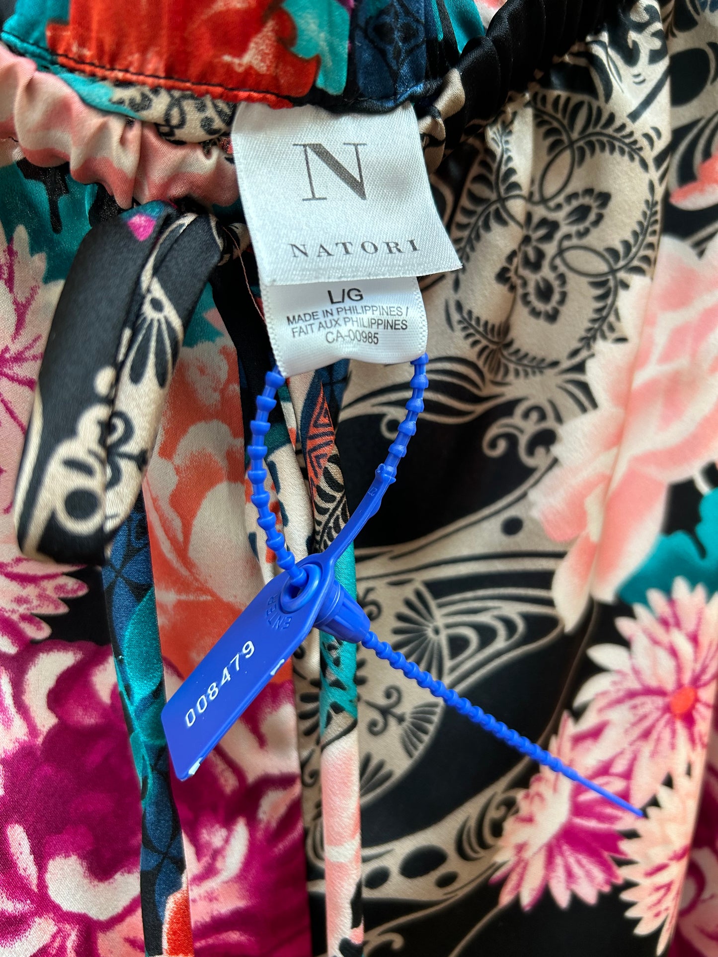 NATORI Asian Florals on Black Mandarin Collar Silky Satin Pajama Set