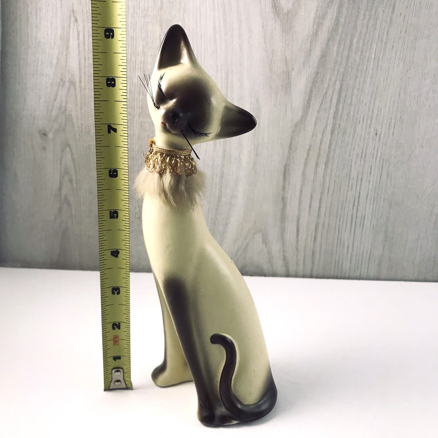 Vintage Giftcraft Trio of Siamese Sitting Ceramic Cats, Furry Gold and Silver Trimmed Collars