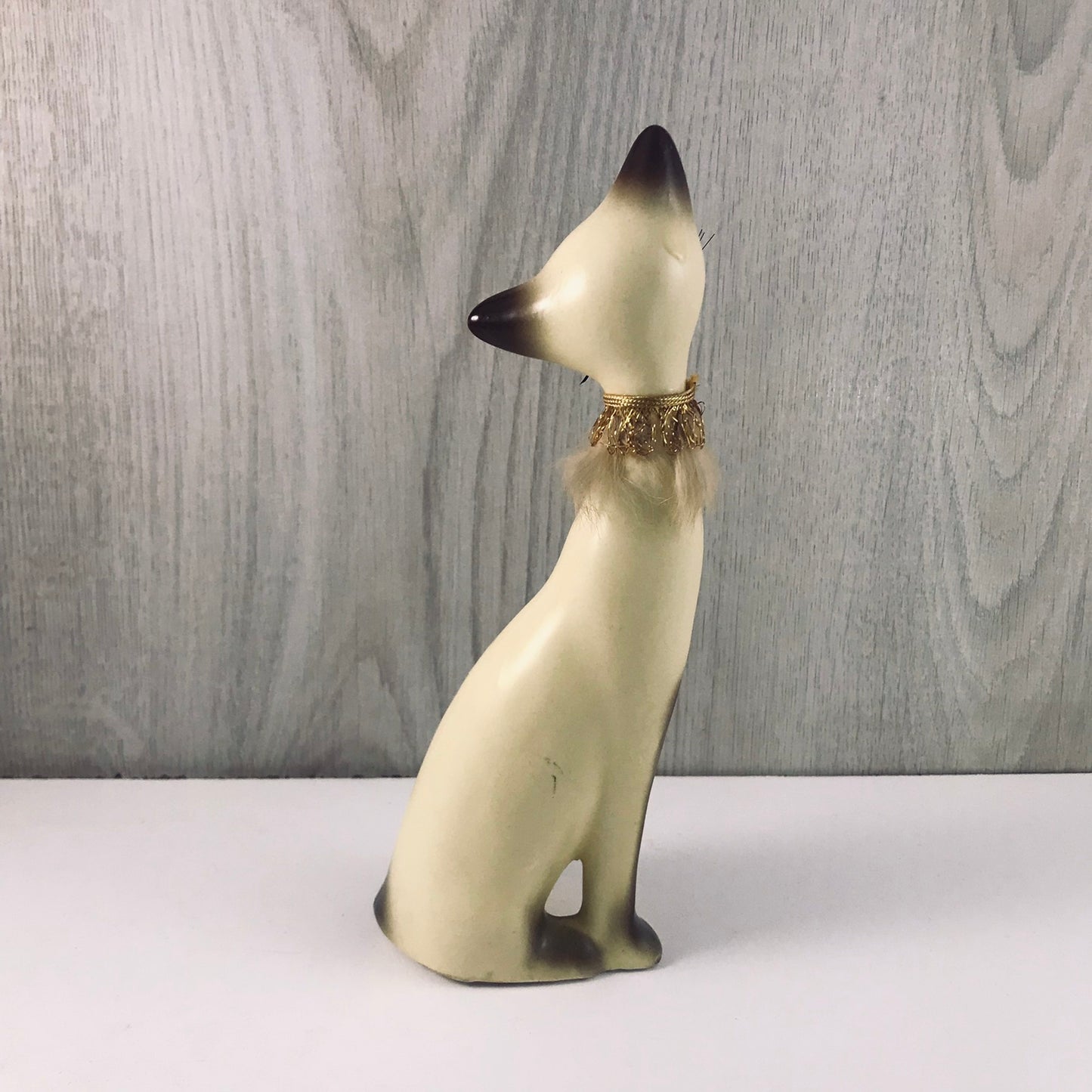Vintage Giftcraft Trio of Siamese Sitting Ceramic Cats, Furry Gold and Silver Trimmed Collars