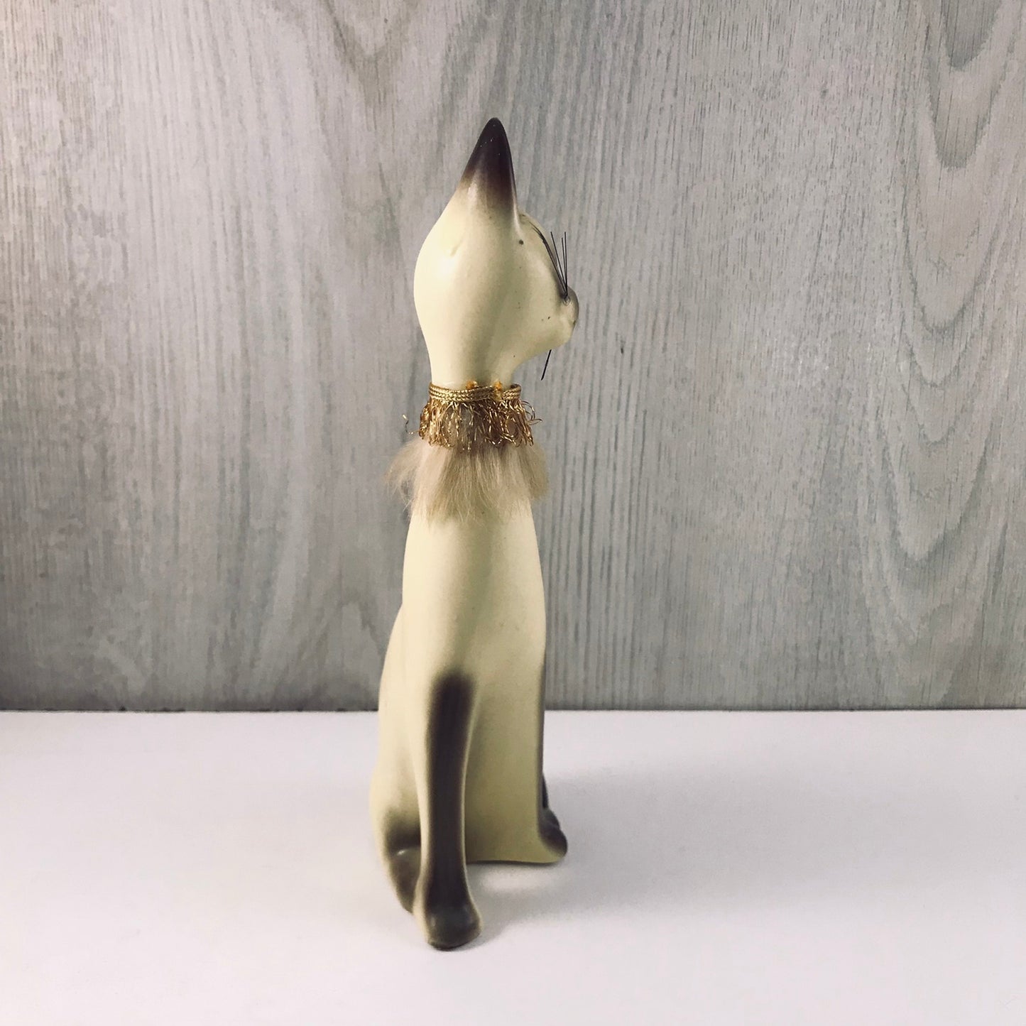 Vintage Giftcraft Trio of Siamese Sitting Ceramic Cats, Furry Gold and Silver Trimmed Collars