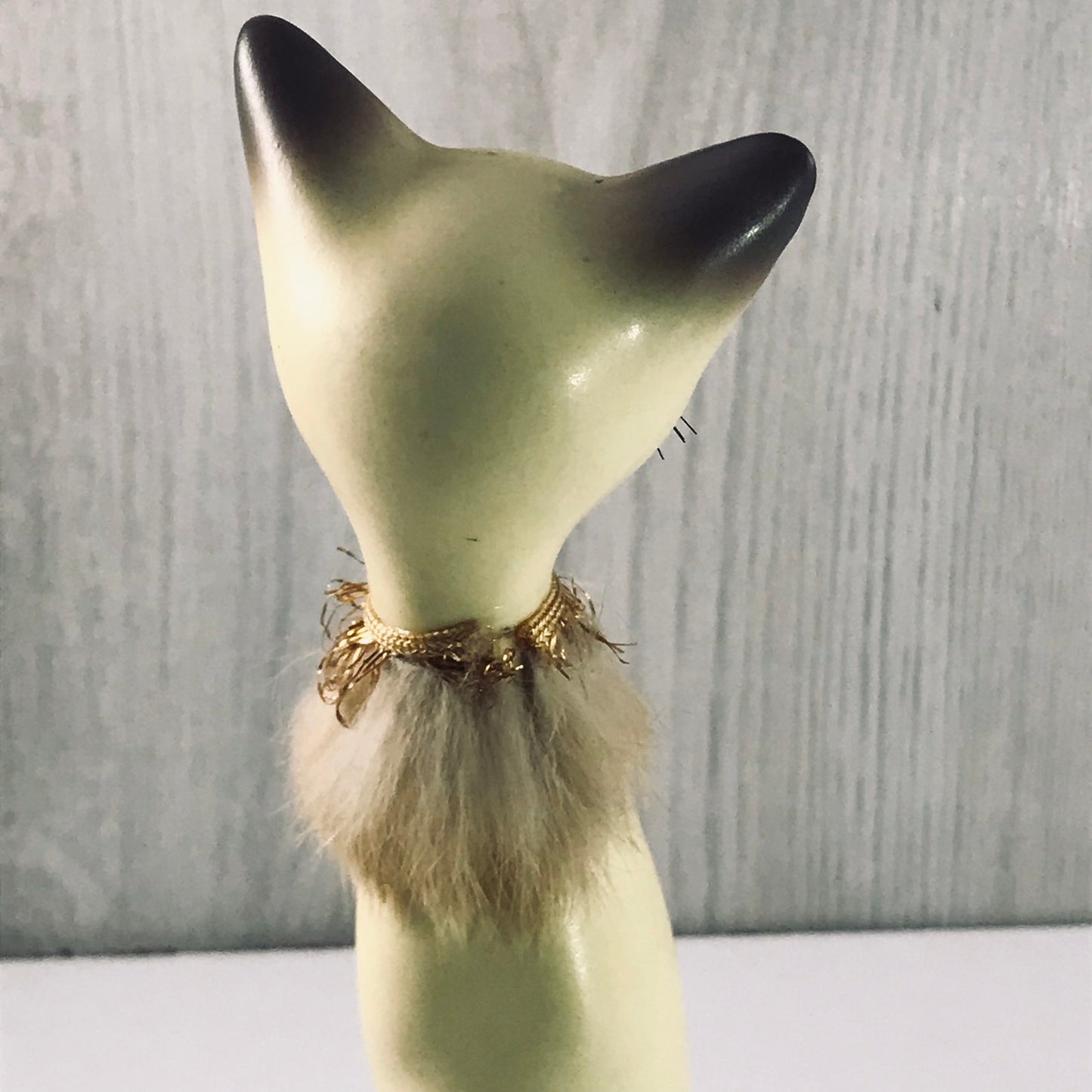 Vintage Giftcraft Trio of Siamese Sitting Ceramic Cats, Furry Gold and Silver Trimmed Collars