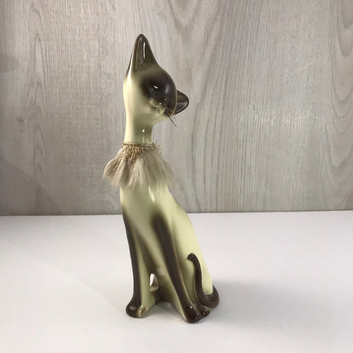 Vintage Giftcraft Trio of Siamese Sitting Ceramic Cats, Furry Gold and Silver Trimmed Collars