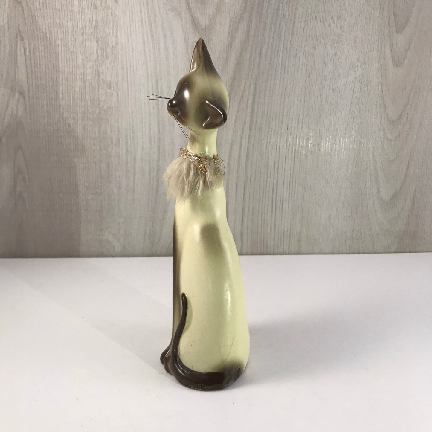 Vintage Giftcraft Trio of Siamese Sitting Ceramic Cats, Furry Gold and Silver Trimmed Collars
