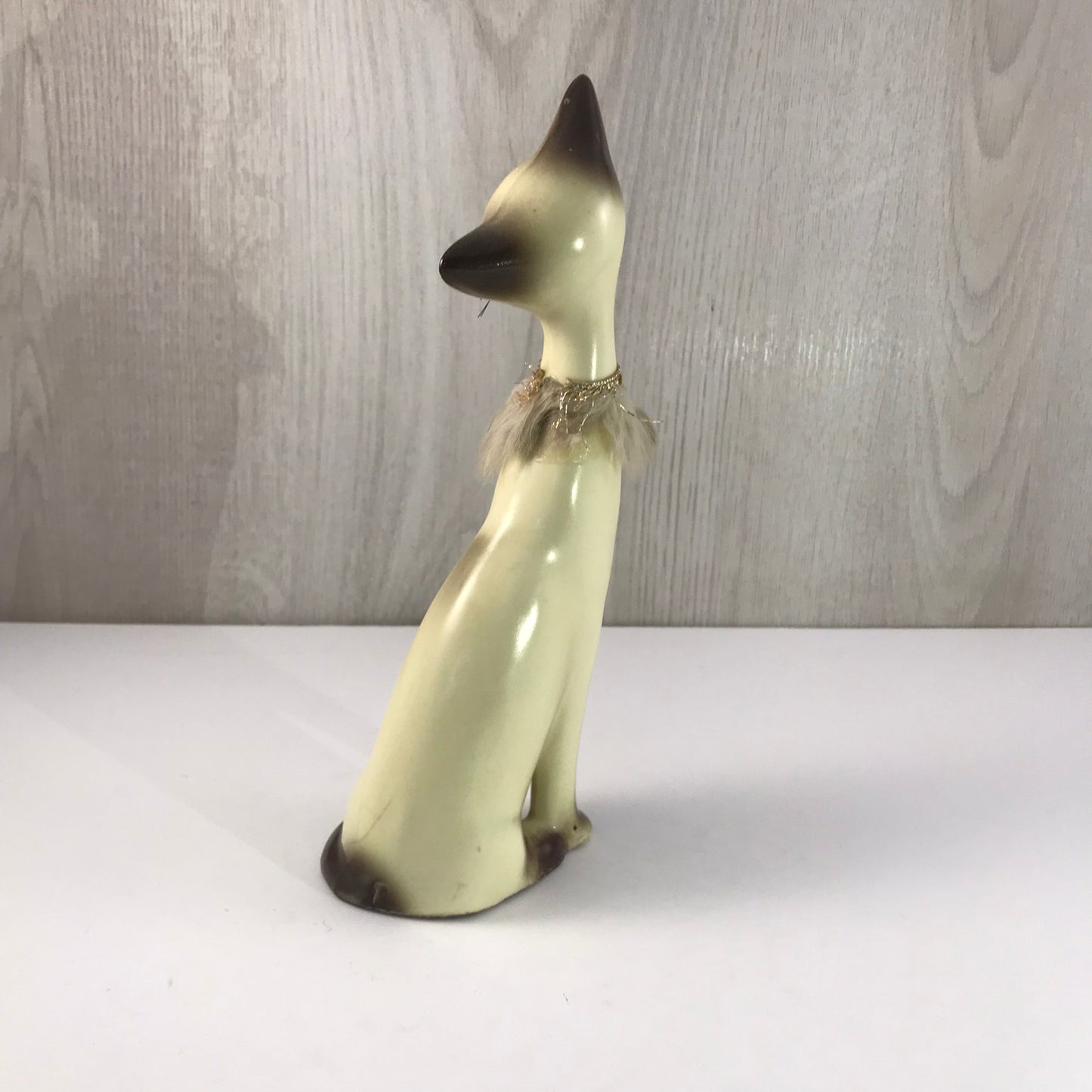 Vintage Giftcraft Trio of Siamese Sitting Ceramic Cats, Furry Gold and Silver Trimmed Collars