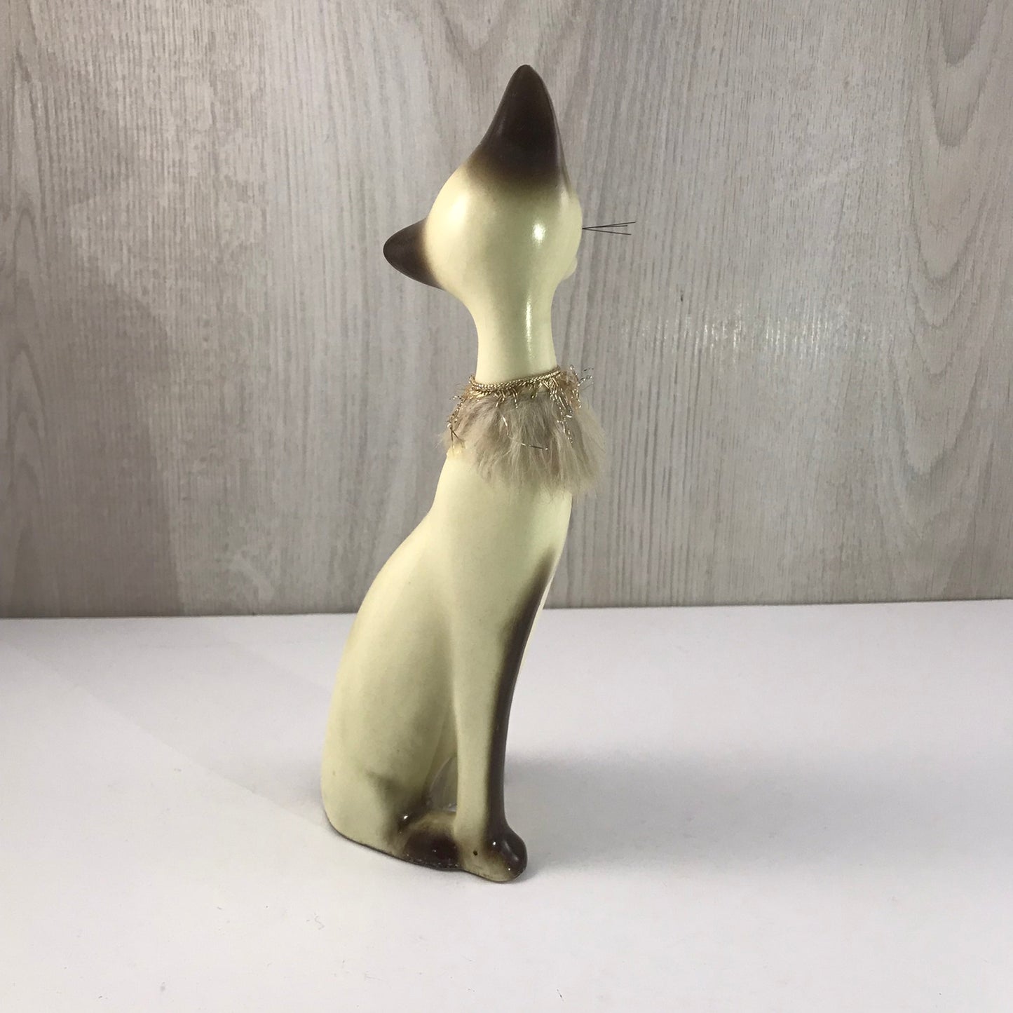 Vintage Giftcraft Trio of Siamese Sitting Ceramic Cats, Furry Gold and Silver Trimmed Collars