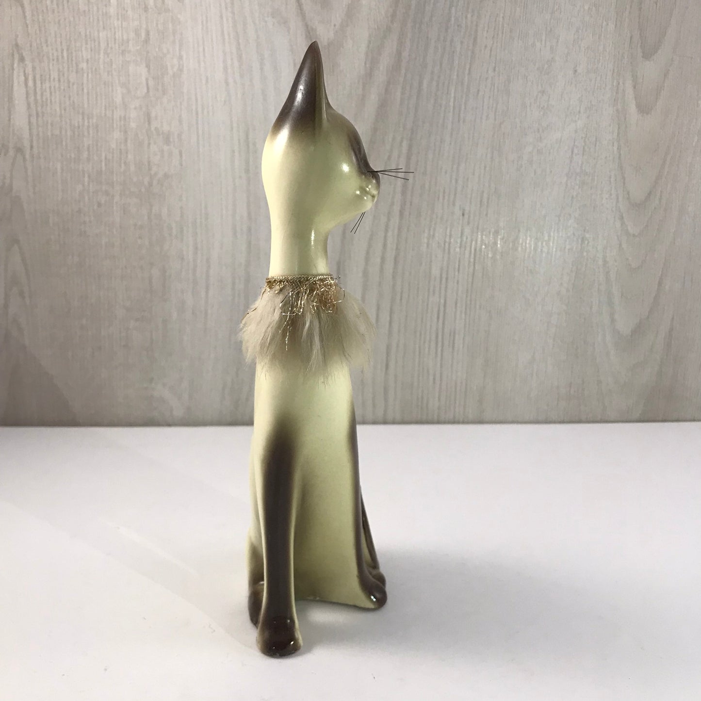 Vintage Giftcraft Trio of Siamese Sitting Ceramic Cats, Furry Gold and Silver Trimmed Collars