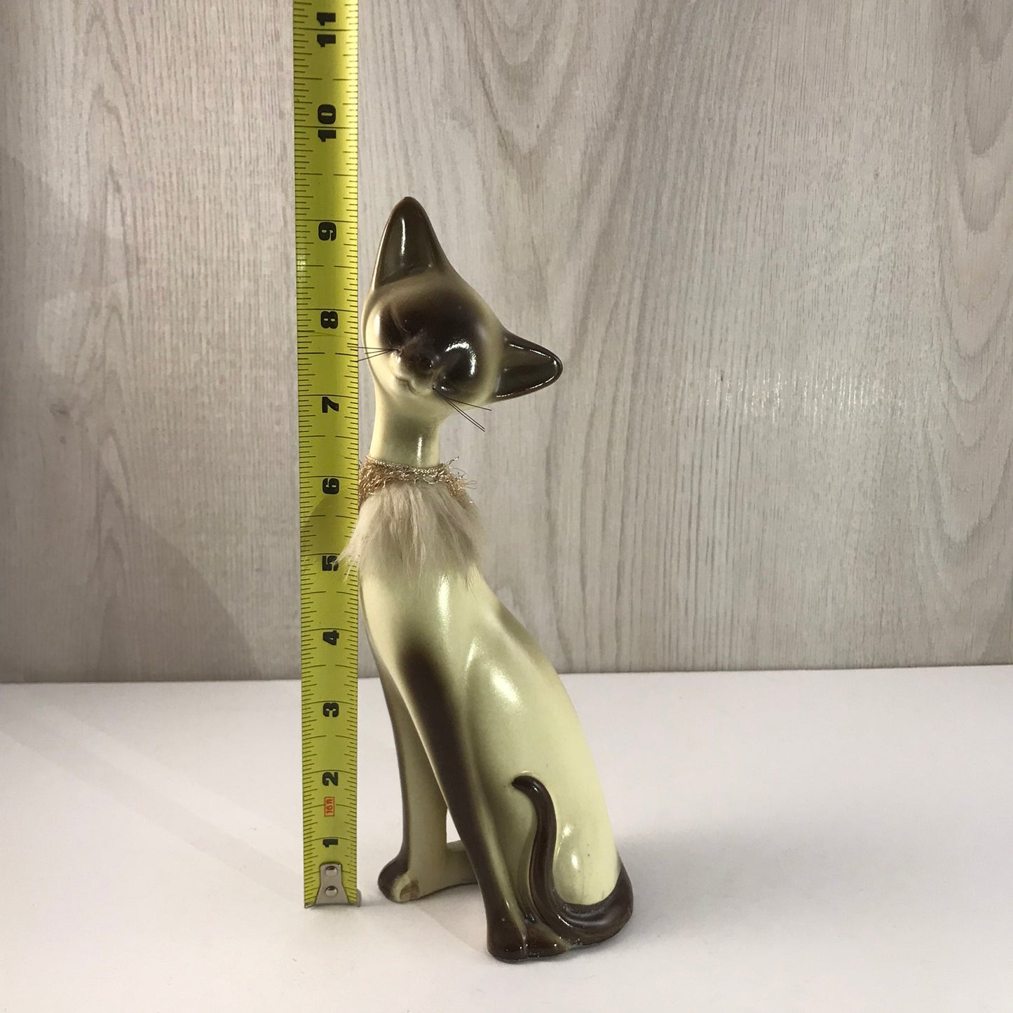 Vintage Giftcraft Trio of Siamese Sitting Ceramic Cats, Furry Gold and Silver Trimmed Collars