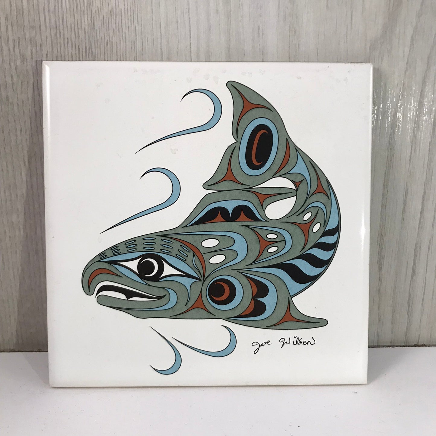 Island Art Indigenous Spawning Salmon Ceramic Tile - Artist Signed Joe Wilson