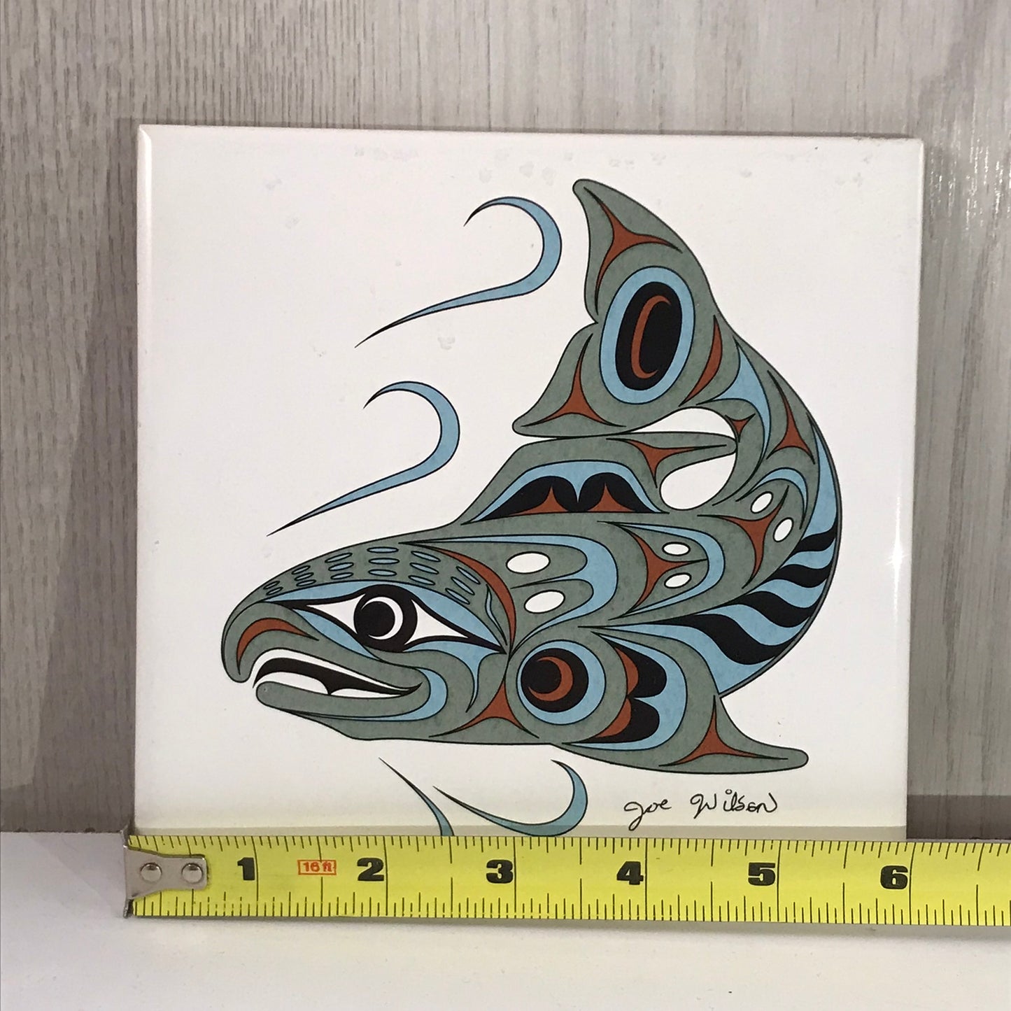 Island Art Indigenous Spawning Salmon Ceramic Tile - Artist Signed Joe Wilson