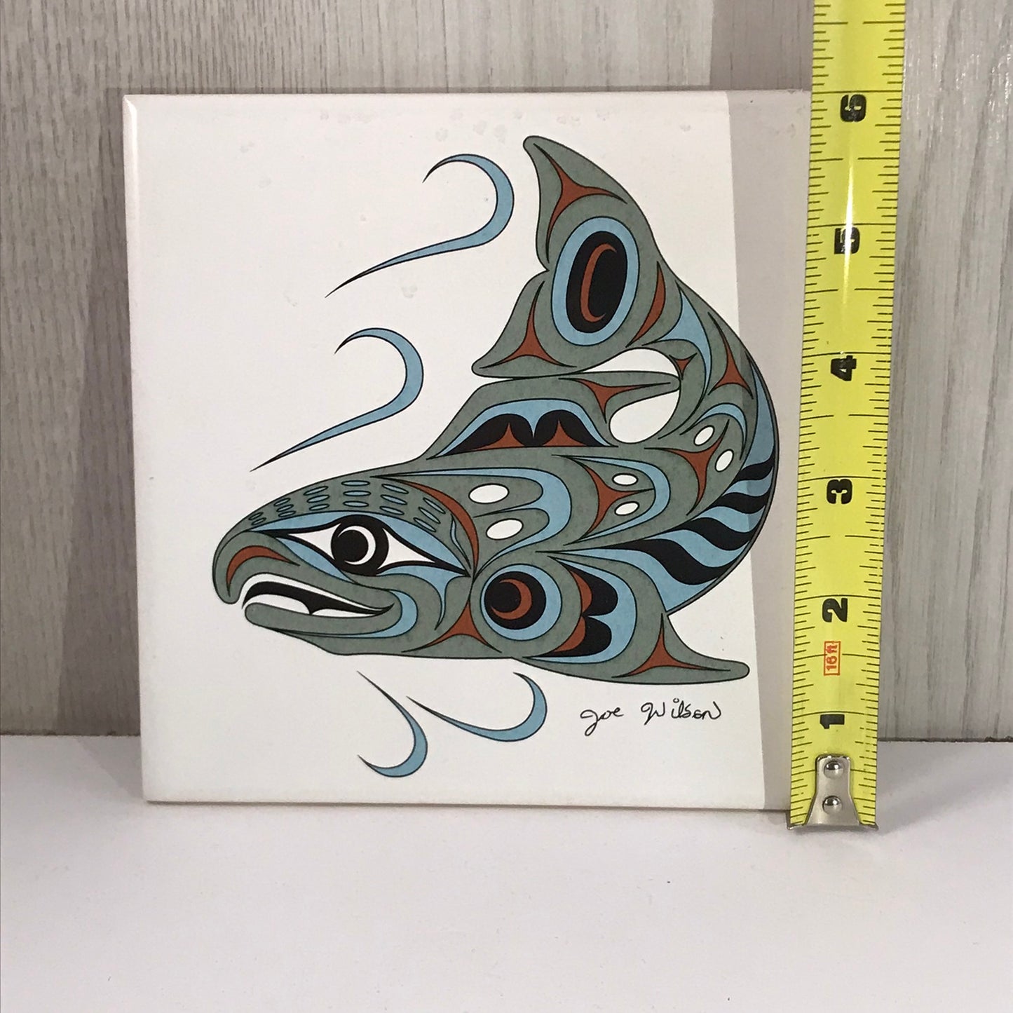 Island Art Indigenous Spawning Salmon Ceramic Tile - Artist Signed Joe Wilson