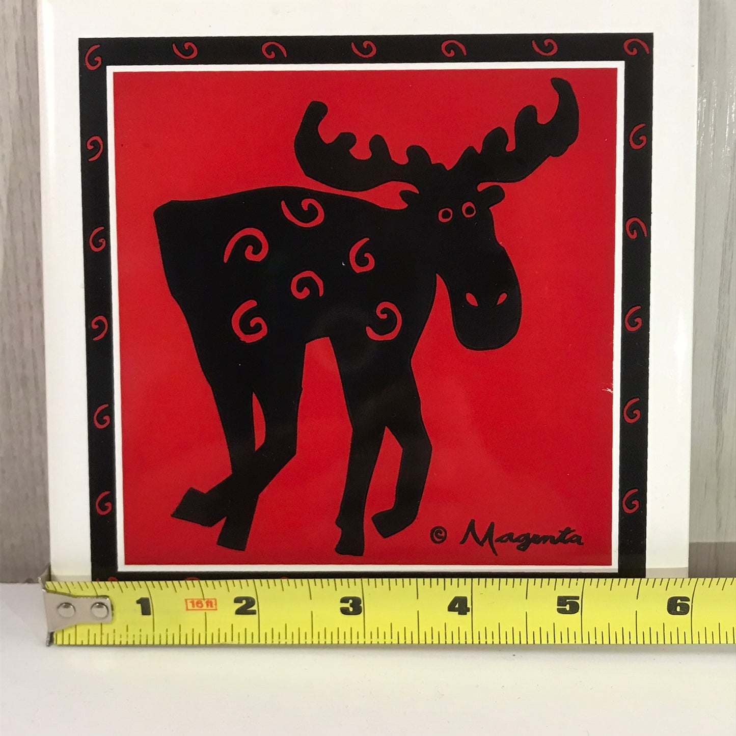 Galloping Moose Red and Black Ceramic Tile - Artist Signed Magenta