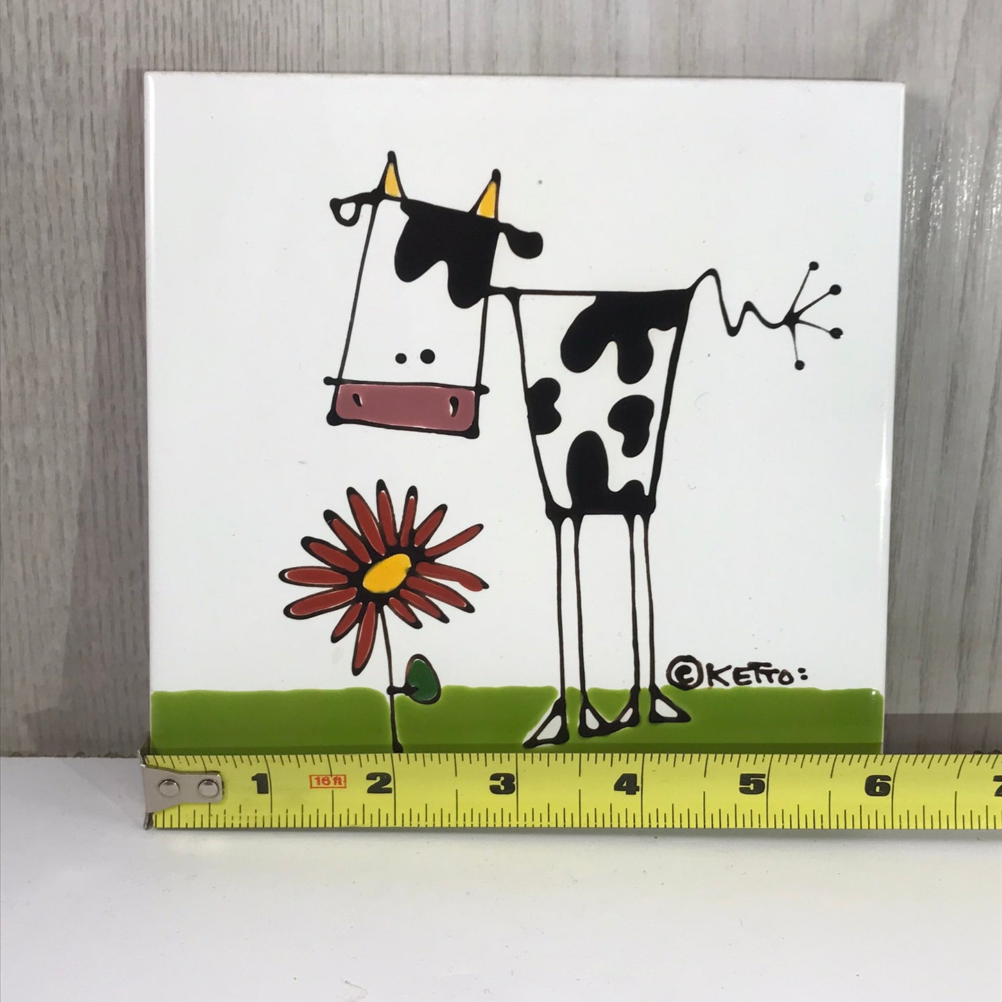 Artist KETTO Abstract Cow in Daisy Field Ceramic Tile