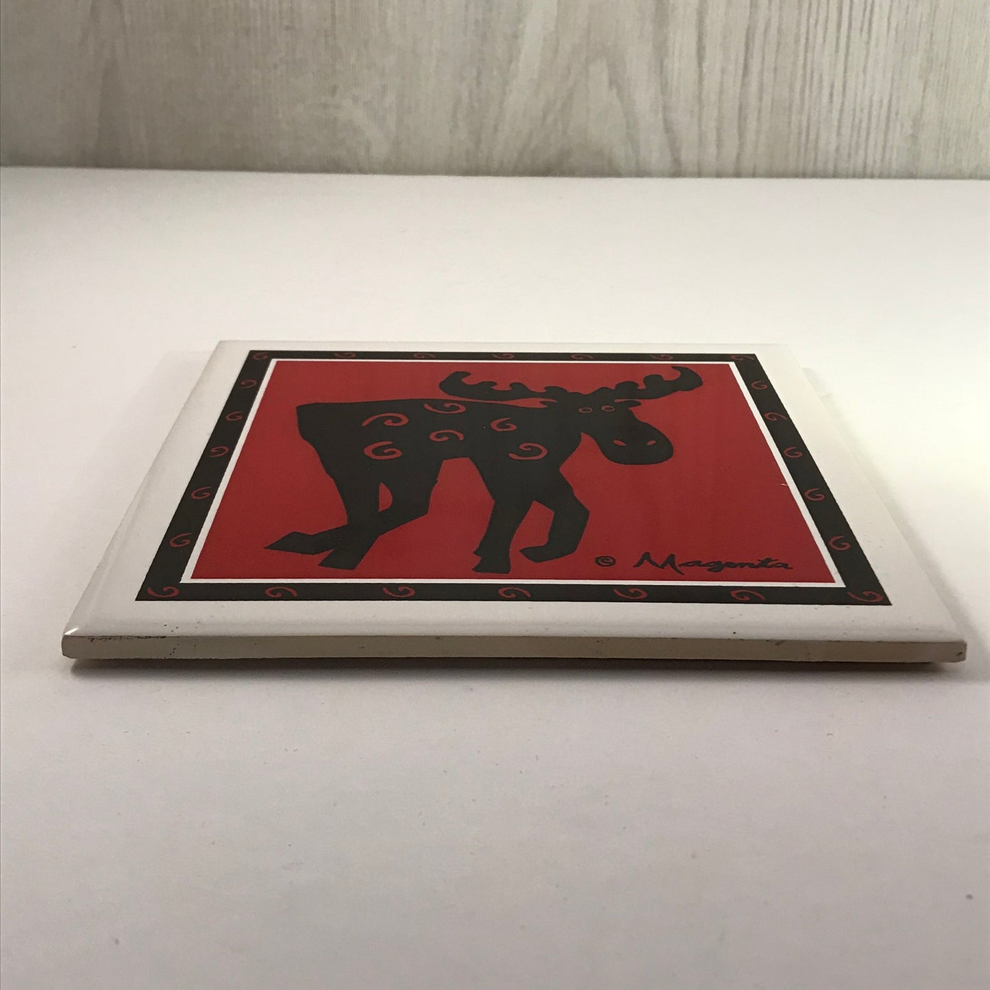 Galloping Moose Red and Black Ceramic Tile - Artist Signed Magenta