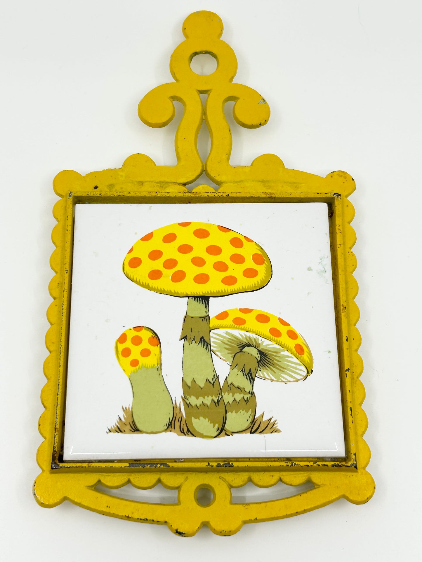 Vintage Bright Yellow Triple Mushroom Cast Iron Trivet