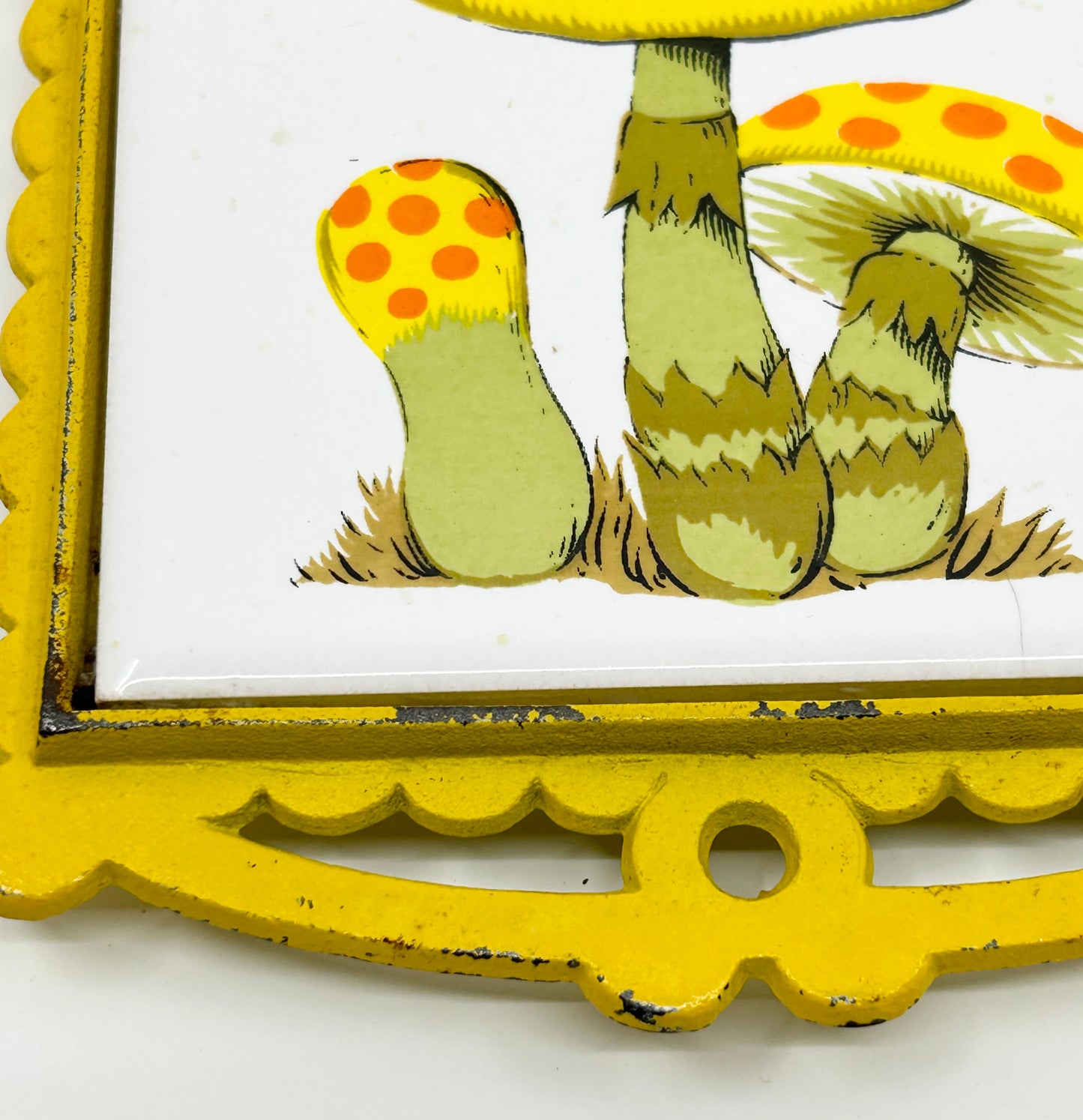 Vintage Bright Yellow Triple Mushroom Cast Iron Trivet