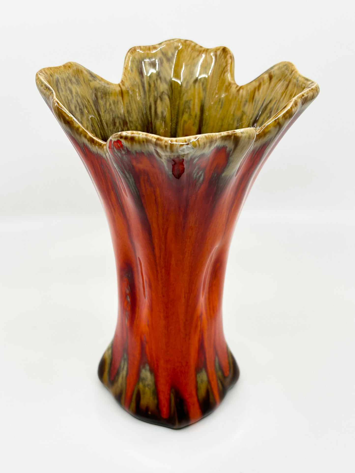 SEEWAI Artisan Handcrafted Pottery Orange Glazed Four Corner Vase MCM