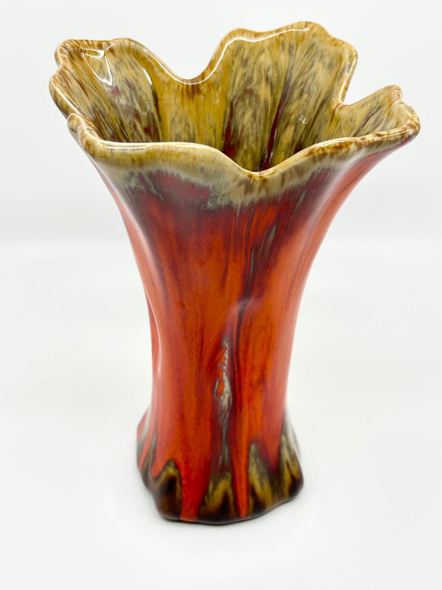 SEEWAI Artisan Handcrafted Pottery Orange Glazed Four Corner Vase MCM