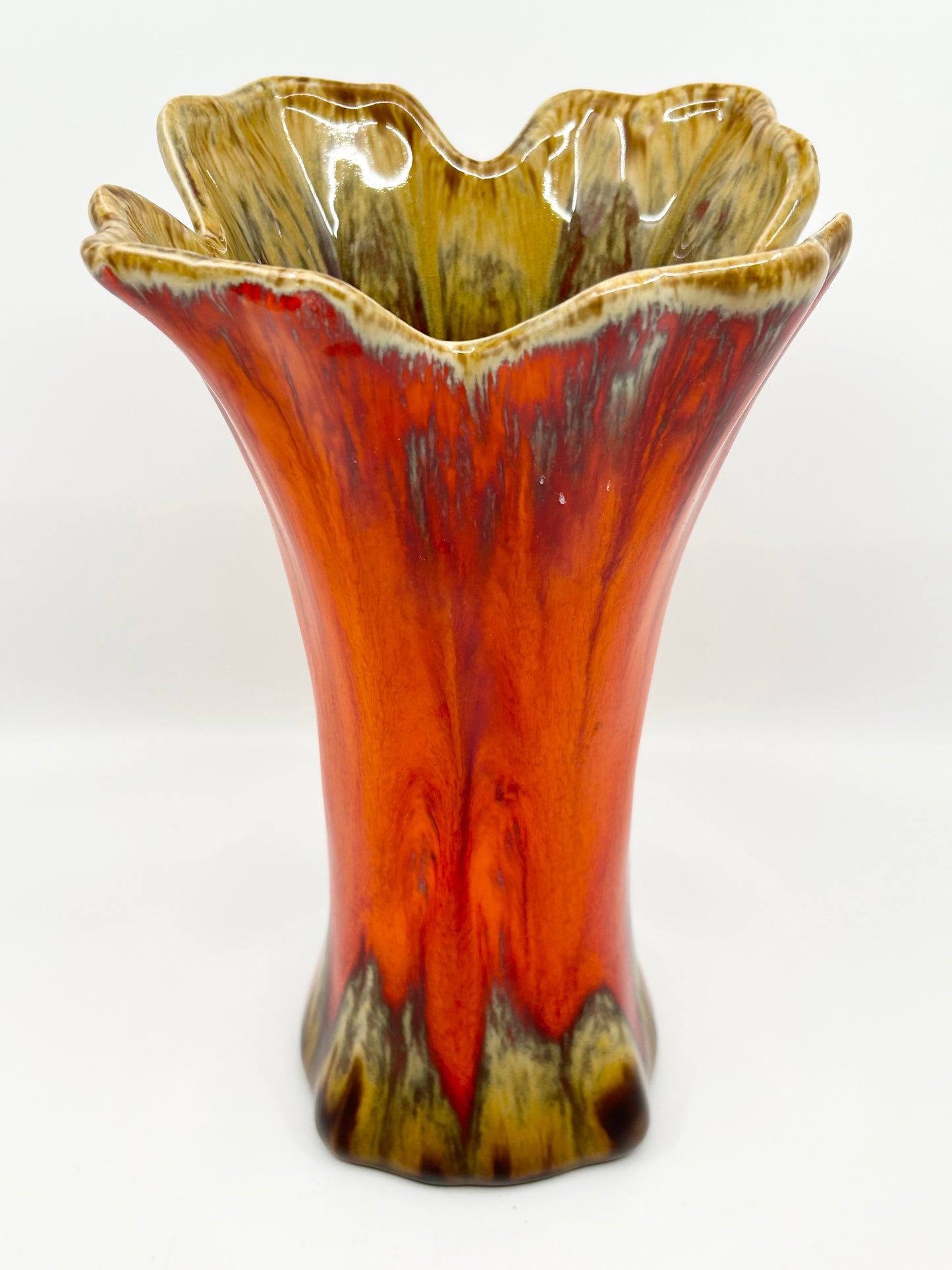 SEEWAI Artisan Handcrafted Pottery Orange Glazed Four Corner Vase MCM