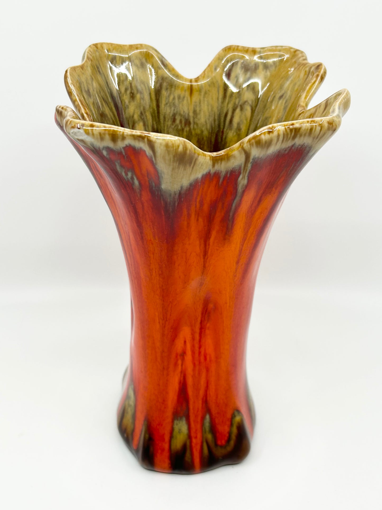 SEEWAI Artisan Handcrafted Pottery Orange Glazed Four Corner Vase MCM