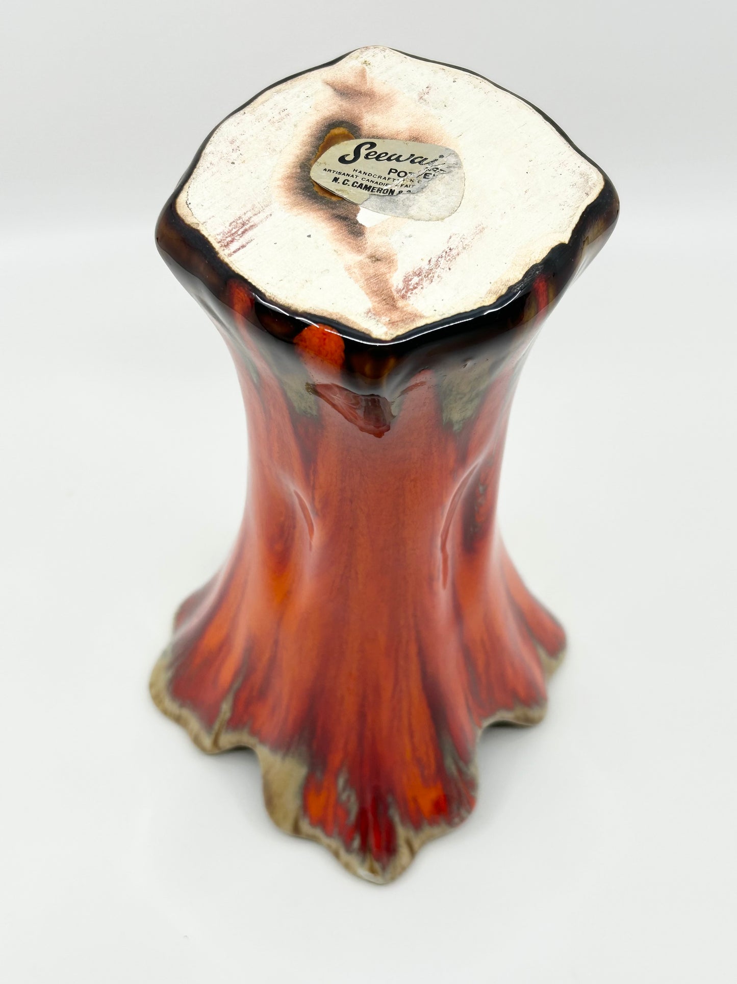 SEEWAI Artisan Handcrafted Pottery Orange Glazed Four Corner Vase MCM