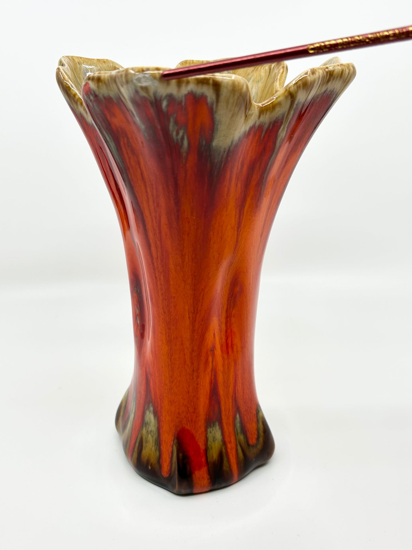 SEEWAI Artisan Handcrafted Pottery Orange Glazed Four Corner Vase MCM