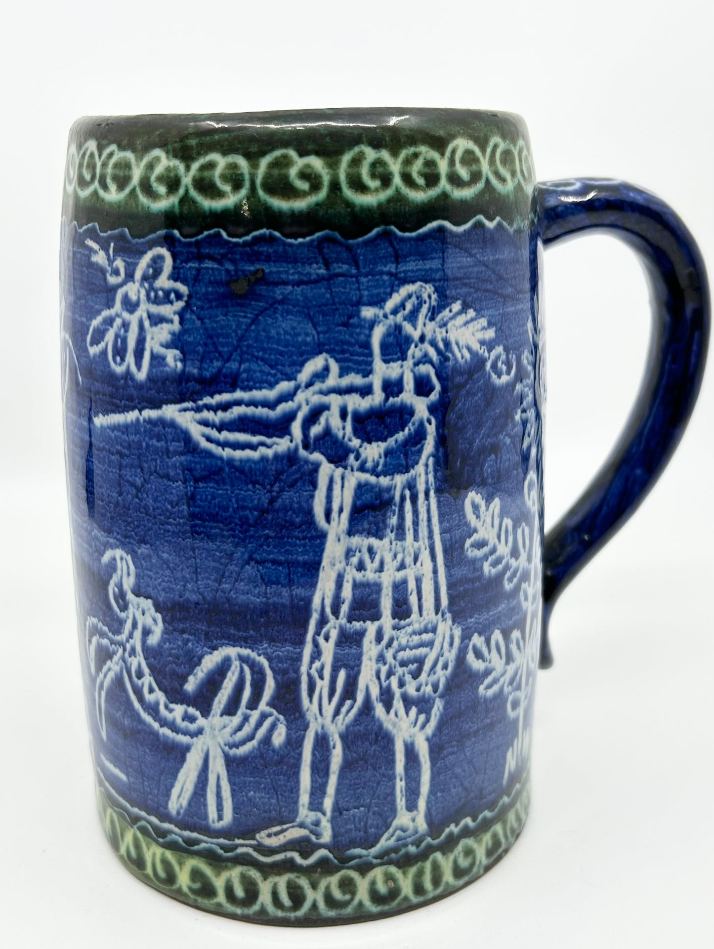 Polish Artisan Pottery Handcrafted Cobalt Blue with Green Trim Tall Mug - Beer Stein