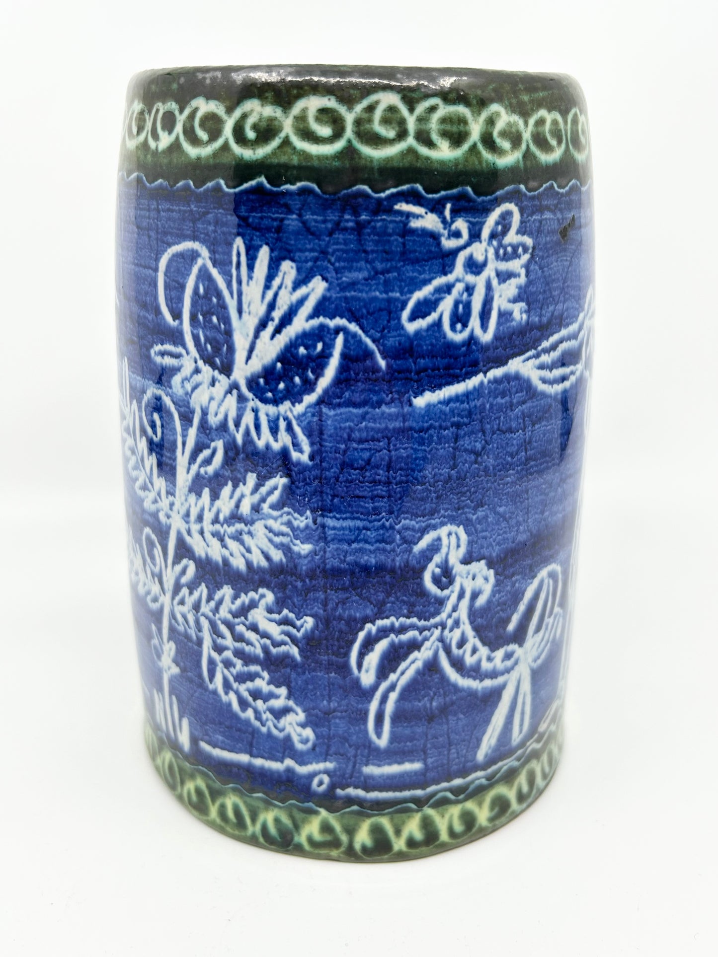 Polish Artisan Pottery Handcrafted Cobalt Blue with Green Trim Tall Mug - Beer Stein