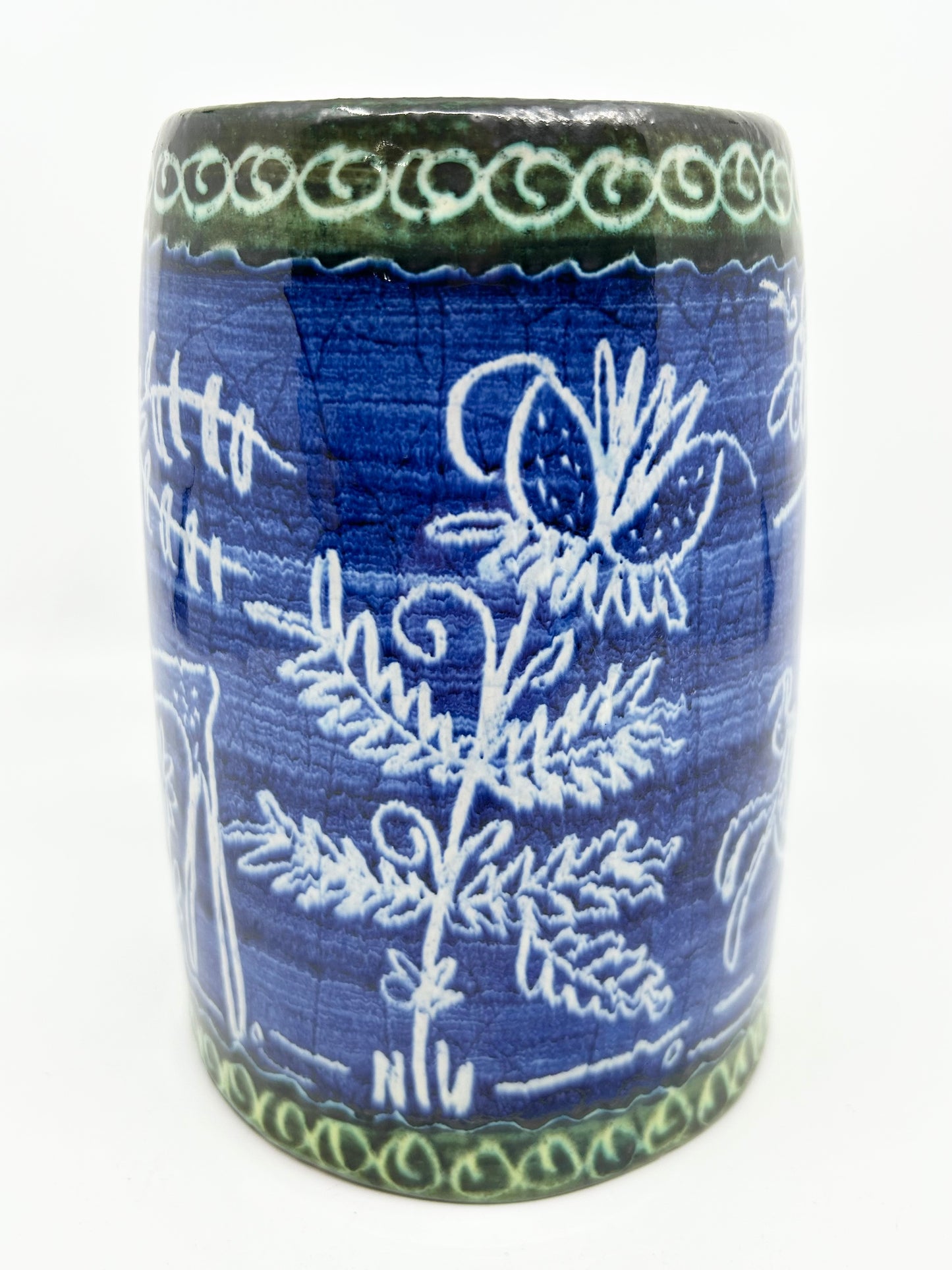 Polish Artisan Pottery Handcrafted Cobalt Blue with Green Trim Tall Mug - Beer Stein