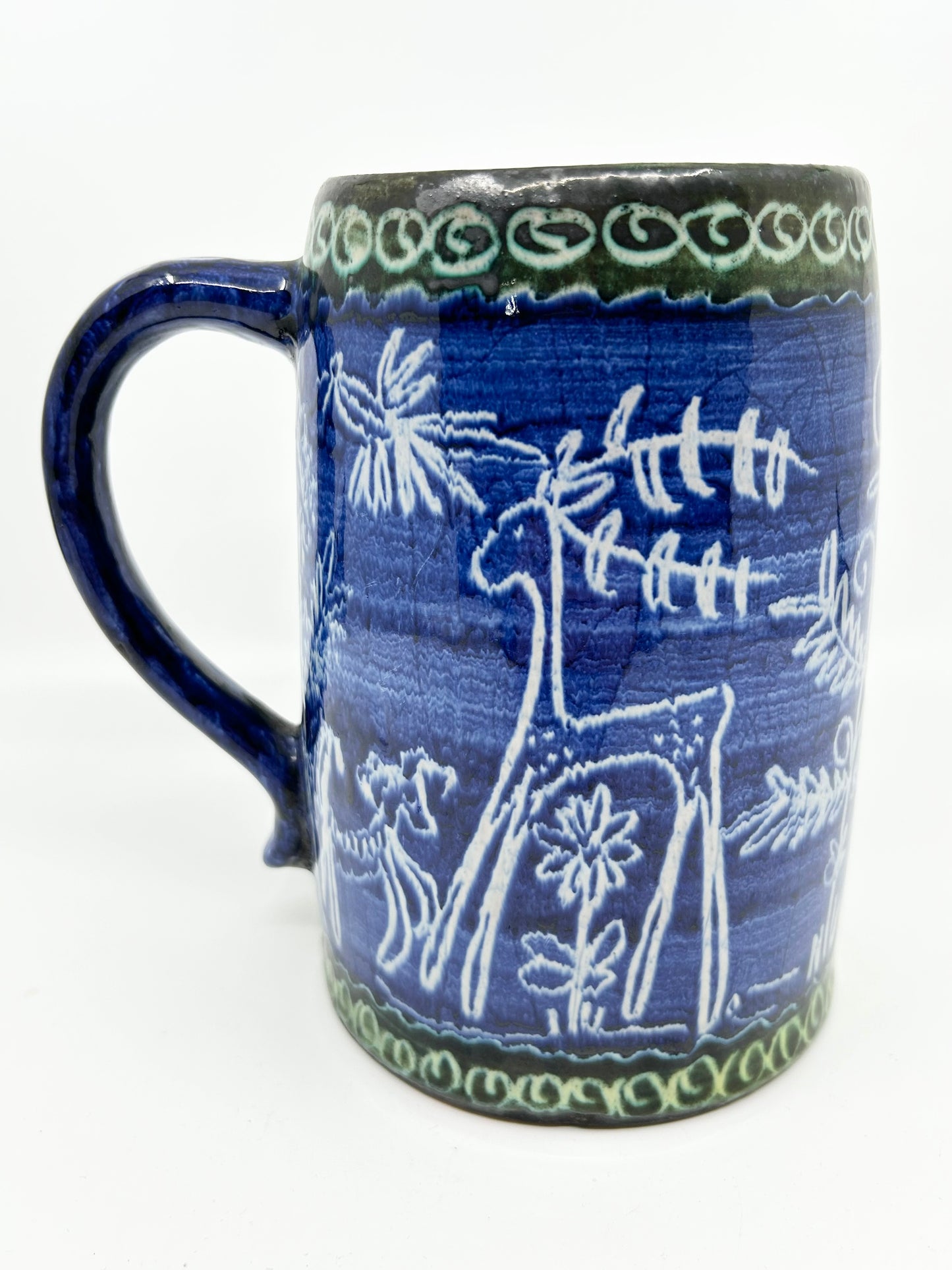 Polish Artisan Pottery Handcrafted Cobalt Blue with Green Trim Tall Mug - Beer Stein