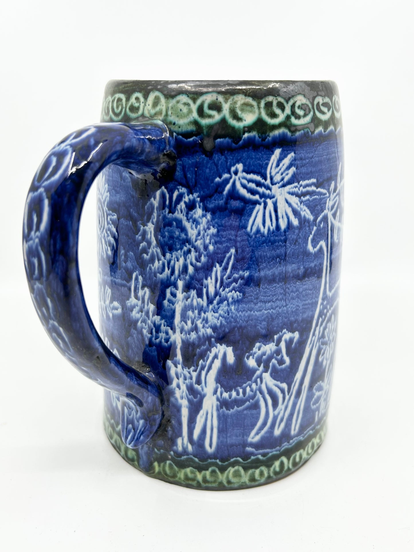 Polish Artisan Pottery Handcrafted Cobalt Blue with Green Trim Tall Mug - Beer Stein