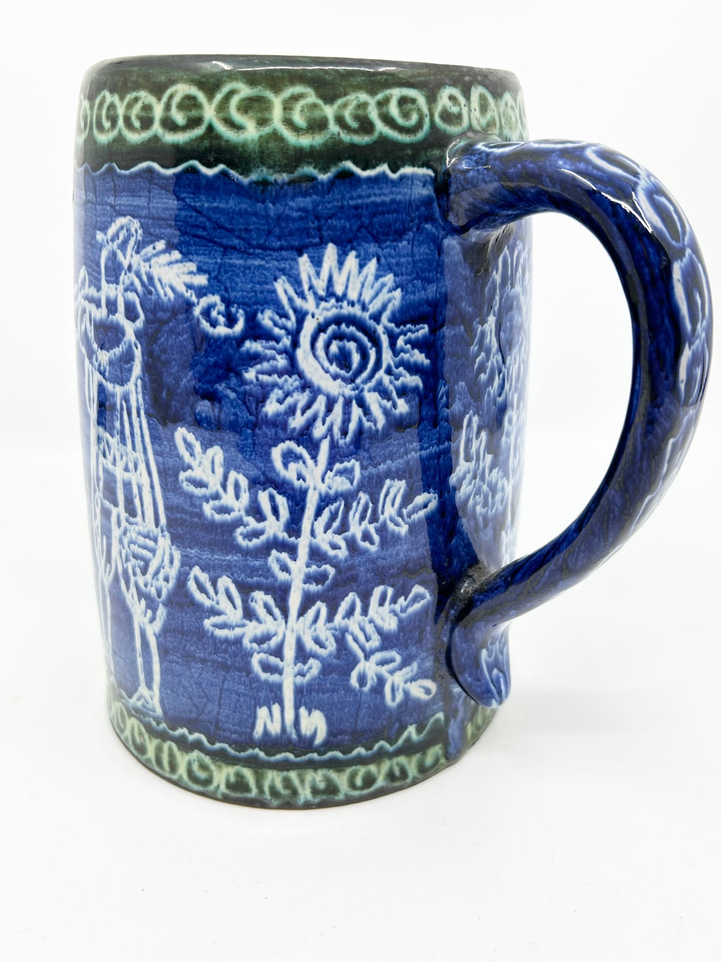 Polish Artisan Pottery Handcrafted Cobalt Blue with Green Trim Tall Mug - Beer Stein